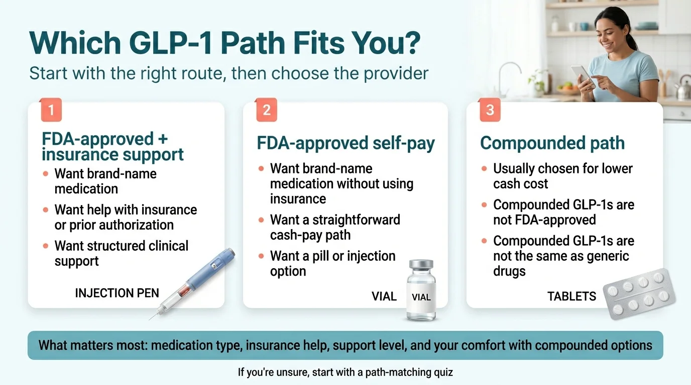 Which GLP-1 telehealth path fits you — three options: FDA-approved with insurance help (Ro), lowest cash-pay cost (MEDVi), or branded GLP-1s without insurance (Hims)