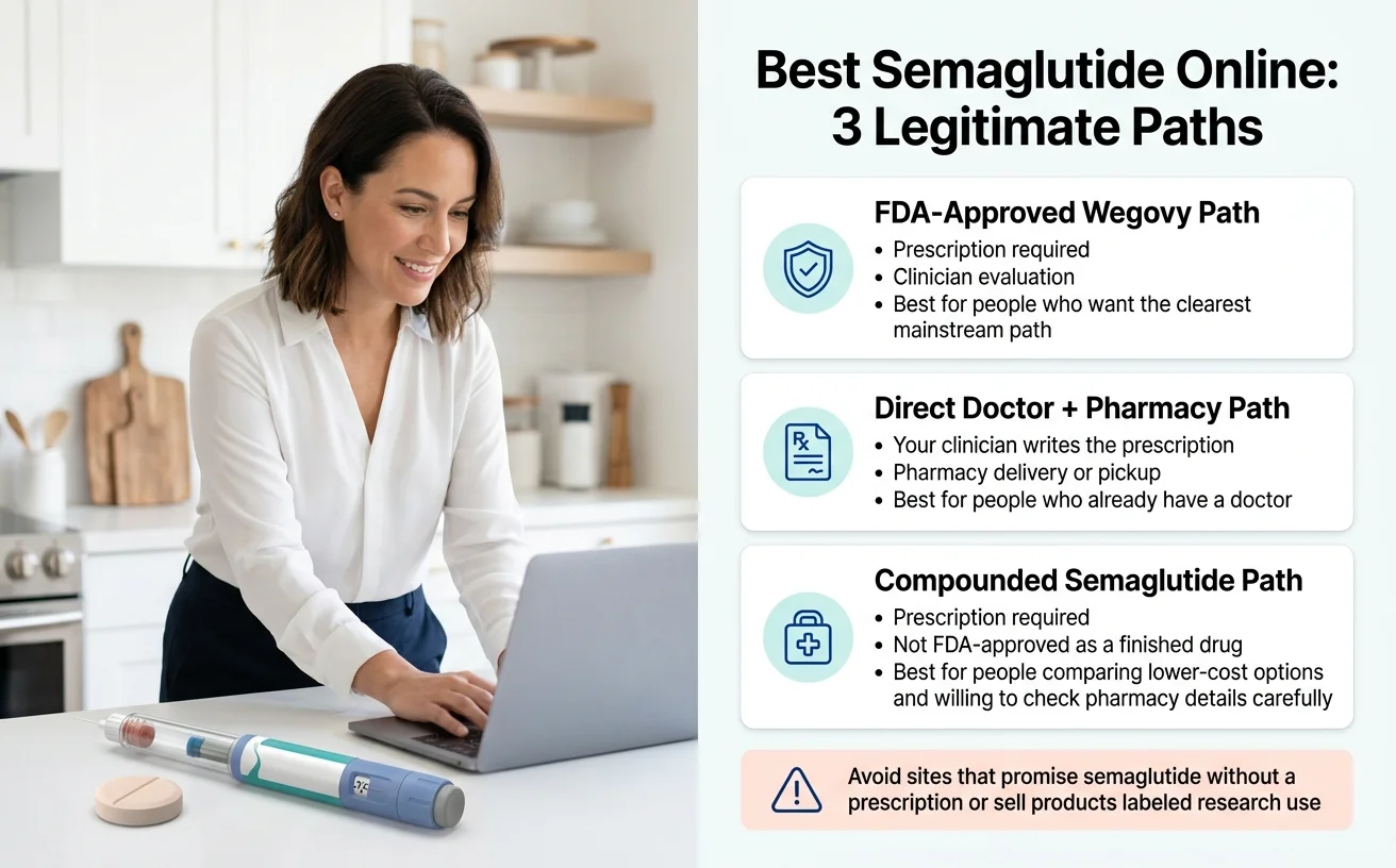 Best semaglutide online in 2026 — infographic showing 3 legitimate paths to getting semaglutide: FDA-approved Wegovy requiring prescription and clinician evaluation, direct doctor plus pharmacy path, and compounded semaglutide path with safety warnings about avoiding sites that promise semaglutide without a prescription