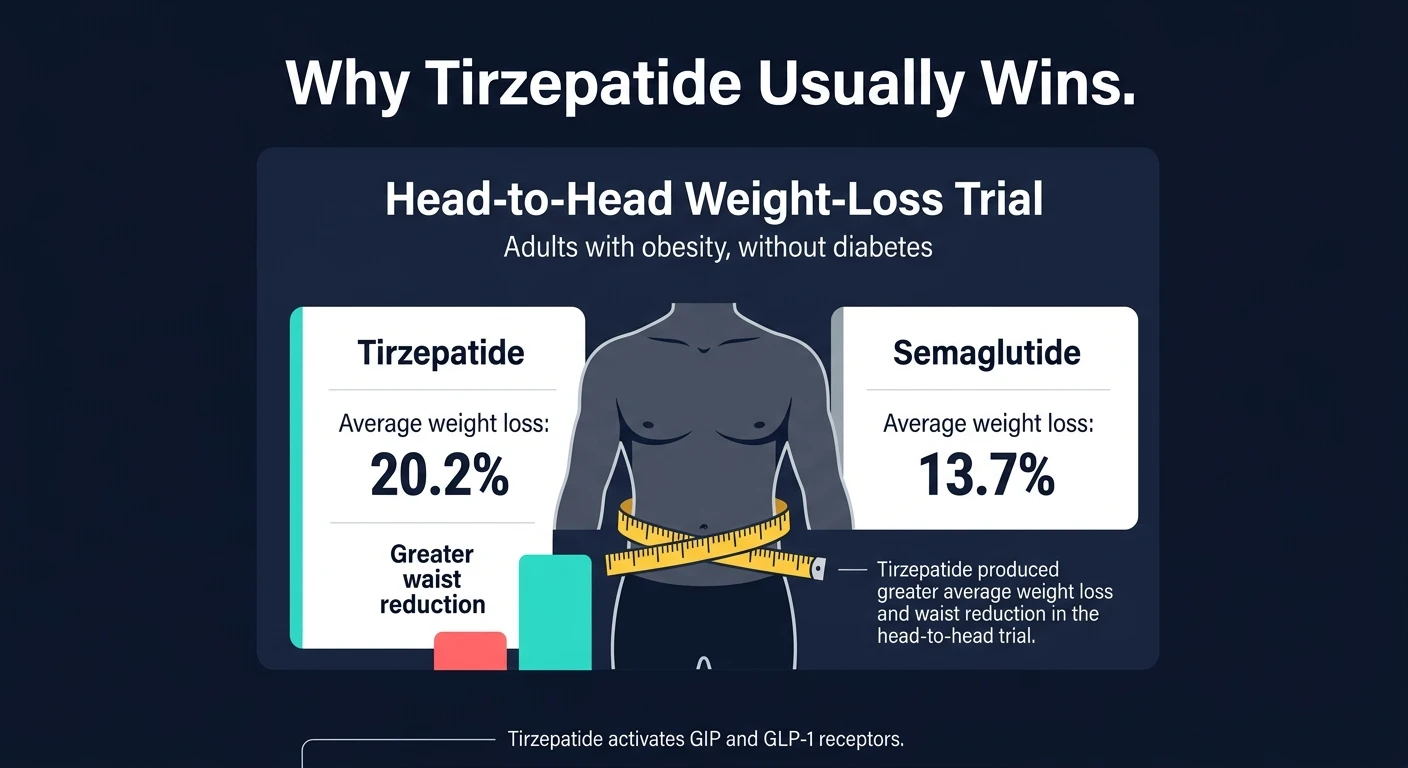 Why tirzepatide usually wins: Head-to-Head Weight-Loss Trial in adults with obesity without diabetes. Tirzepatide average weight loss: 20.2% with greater waist reduction. Semaglutide average weight loss: 13.7%. Tirzepatide activates both GIP and GLP-1 receptors.