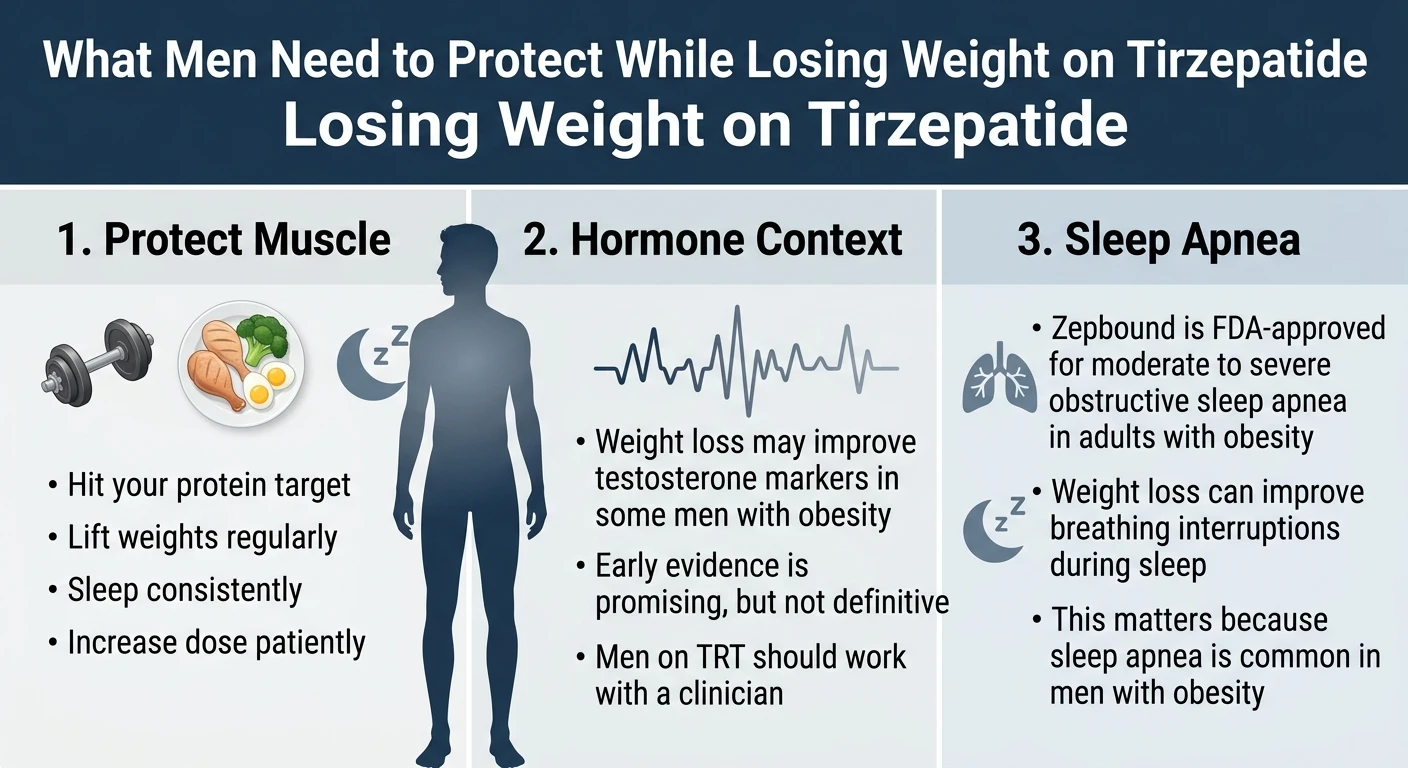 What men need to protect while losing weight on tirzepatide: 1. Protect Muscle — hit your protein target, lift weights regularly, sleep consistently, increase dose patiently. 2. Hormone Context — weight loss may improve testosterone markers in some men with obesity, early evidence is promising but not definitive, men on TRT should work with a clinician. 3. Sleep Apnea — Zepbound is FDA-approved for moderate to severe obstructive sleep apnea in adults with obesity, weight loss can improve breathing interruptions during sleep.