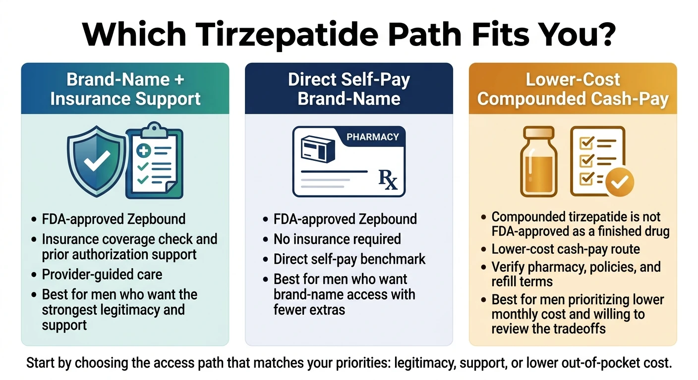 Which tirzepatide path fits you? Three options: Brand-Name plus Insurance Support (FDA-approved Zepbound, insurance coverage check and prior authorization support, provider-guided care — best for men who want the strongest legitimacy and support), Direct Self-Pay Brand-Name (FDA-approved Zepbound, no insurance required, direct self-pay benchmark — best for men who want brand-name access with fewer extras), and Lower-Cost Compounded Cash-Pay (compounded tirzepatide is not FDA-approved as a finished drug, lower-cost cash-pay route, verify pharmacy policies and refill terms — best for men prioritizing lower monthly cost).