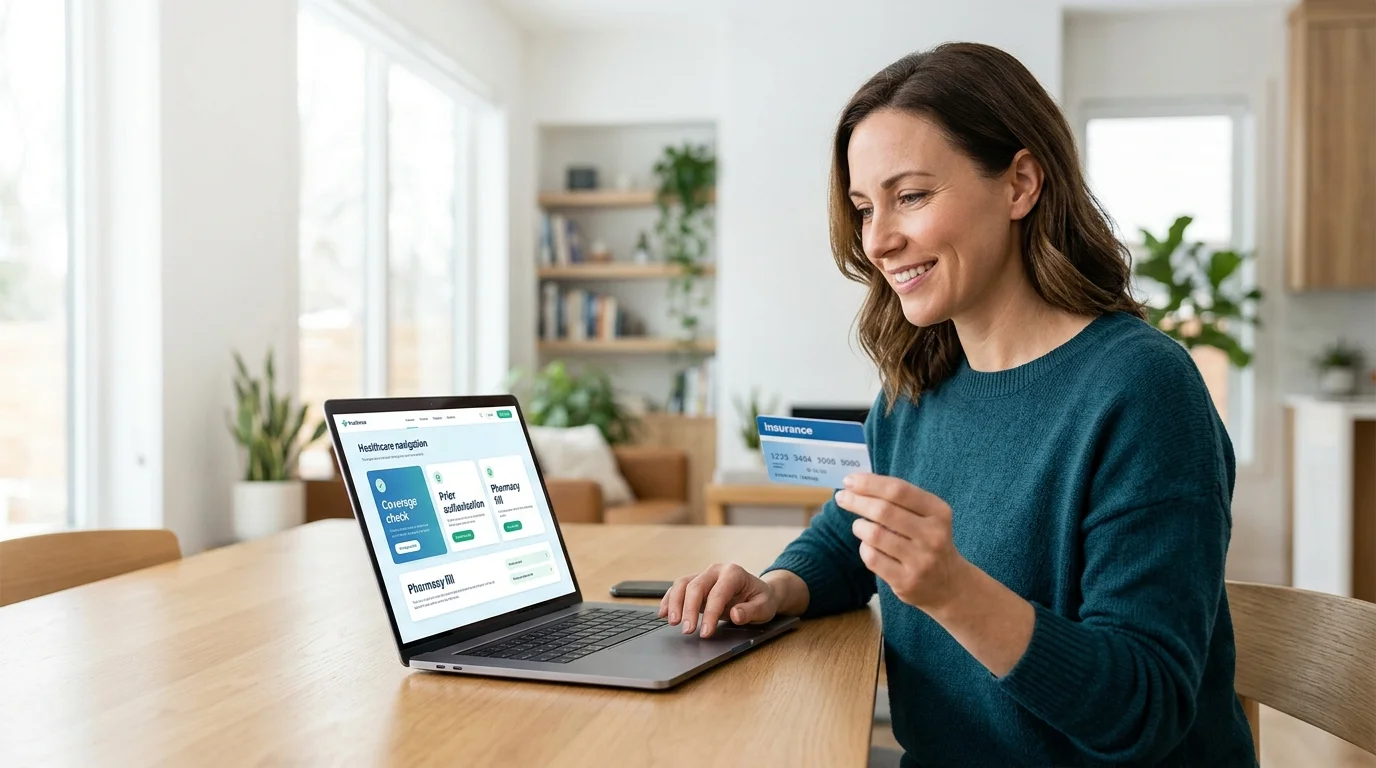 Woman checking Wegovy insurance coverage on laptop at home while holding her insurance card