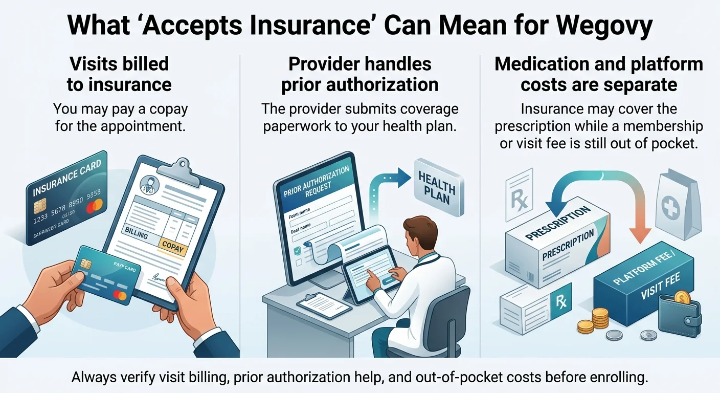 What 'accepts insurance' can mean for Wegovy — visits billed to insurance, provider handles prior authorization, or medication and platform costs are separate