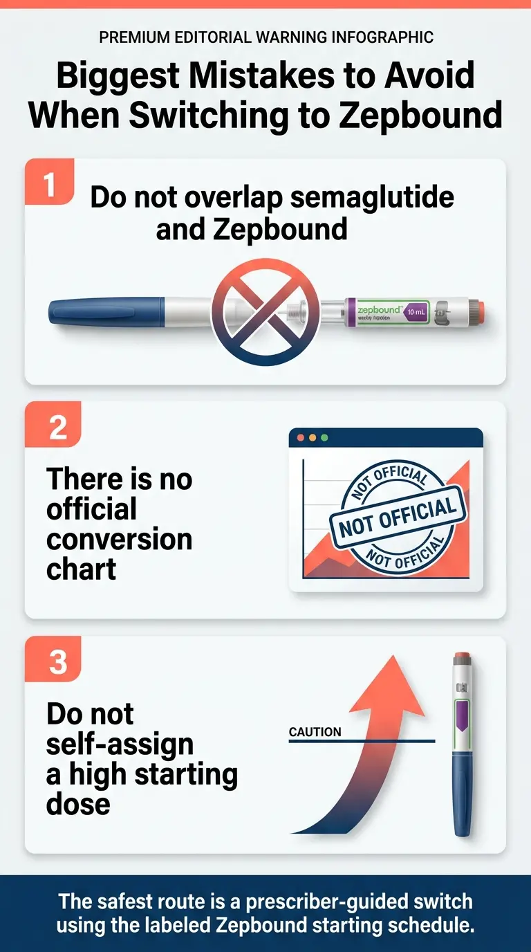 Biggest mistakes to avoid when switching from semaglutide to Zepbound — do not overlap drugs, no official conversion chart, do not self-assign high starting dose
