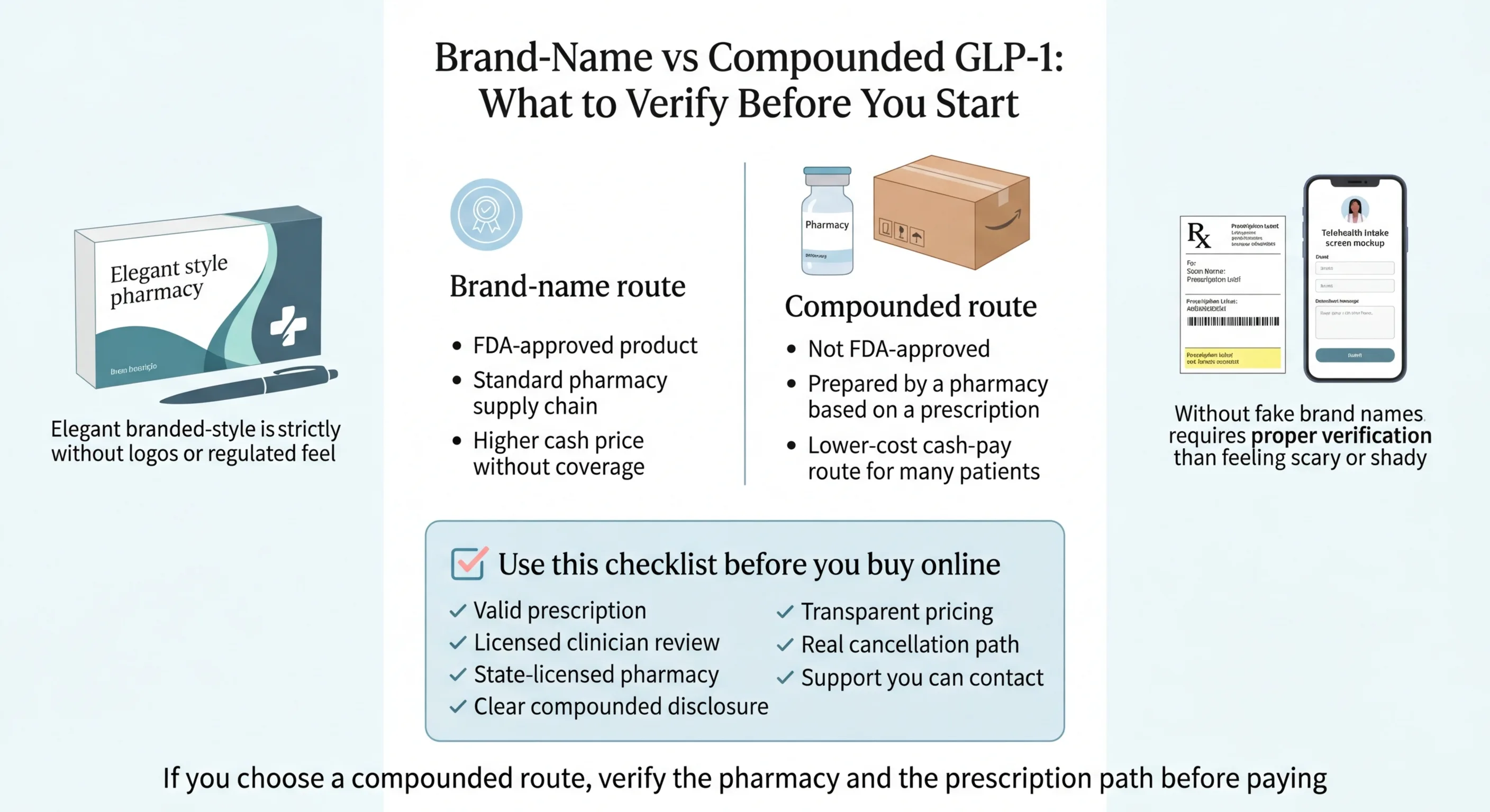 Brand-name vs compounded GLP-1 comparison showing what to verify before you buy — checklist for PCOS patients