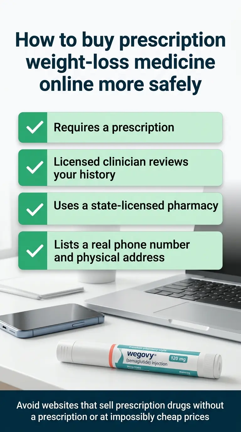 How to buy prescription weight-loss medicine online more safely — checklist infographic showing 4 green checkmarks: requires a prescription, licensed clinician reviews your history, uses a state-licensed pharmacy, lists a real phone number and physical address