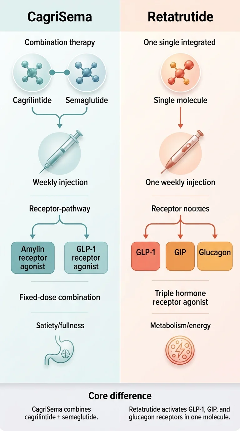 CagriSema vs Retatrutide mechanism diagram: CagriSema (left, teal) combines cagrilintide and semaglutide into a fixed-dose weekly injection targeting amylin and GLP-1 receptors for satiety and fullness. Retatrutide (right, orange) is a single integrated molecule in a weekly injection activating GLP-1, GIP, and glucagon receptors for metabolism and energy. Core difference: CagriSema combines cagrilintide plus semaglutide; retatrutide activates GLP-1, GIP, and glucagon receptors in one molecule.