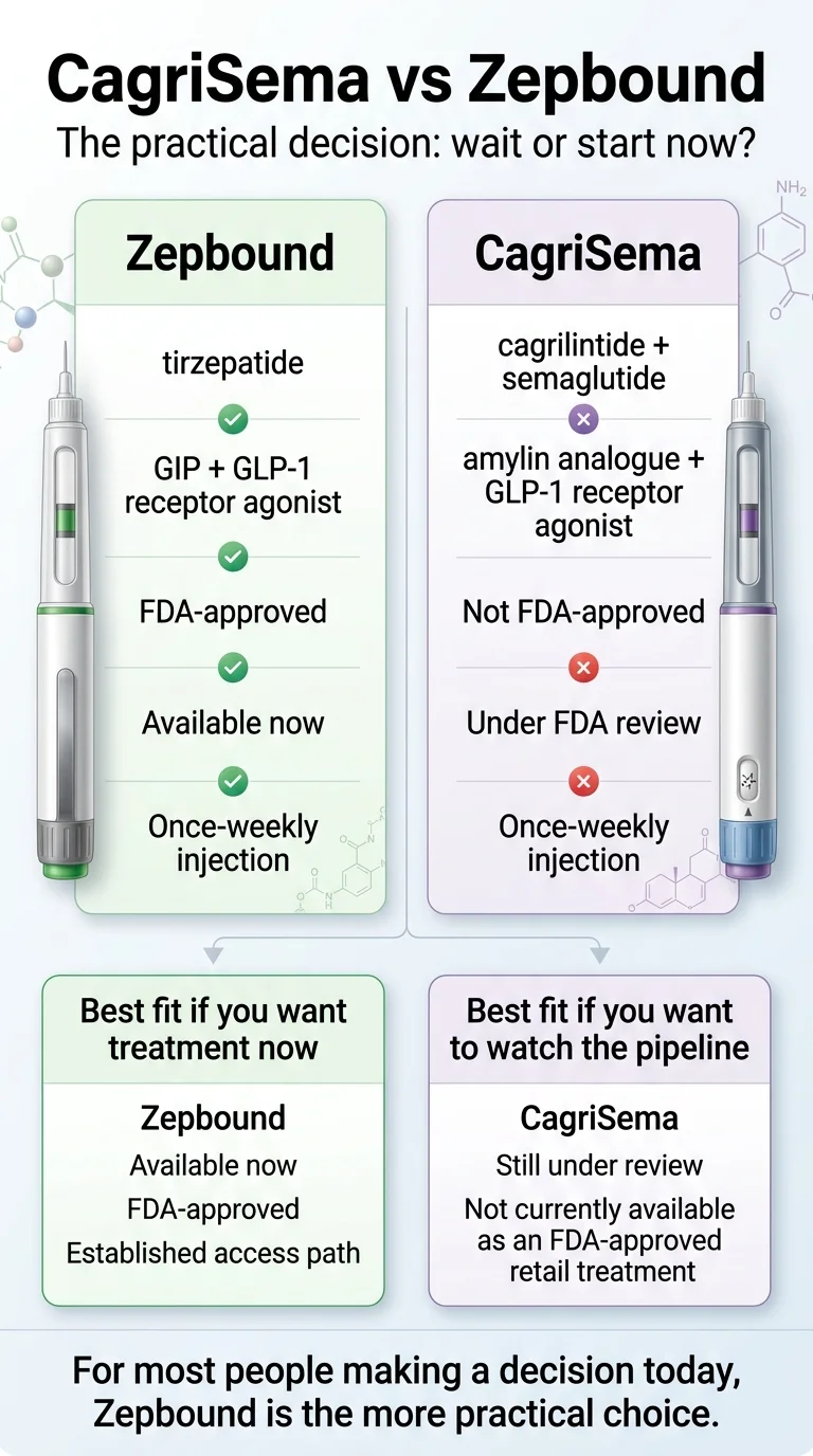 CagriSema vs Zepbound comparison infographic: Zepbound (tirzepatide) is FDA-approved, available now, GIP plus GLP-1 receptor agonist — CagriSema is not FDA-approved, under review, amylin analogue plus GLP-1 receptor agonist; Zepbound is best for treatment now, CagriSema for those watching the pipeline