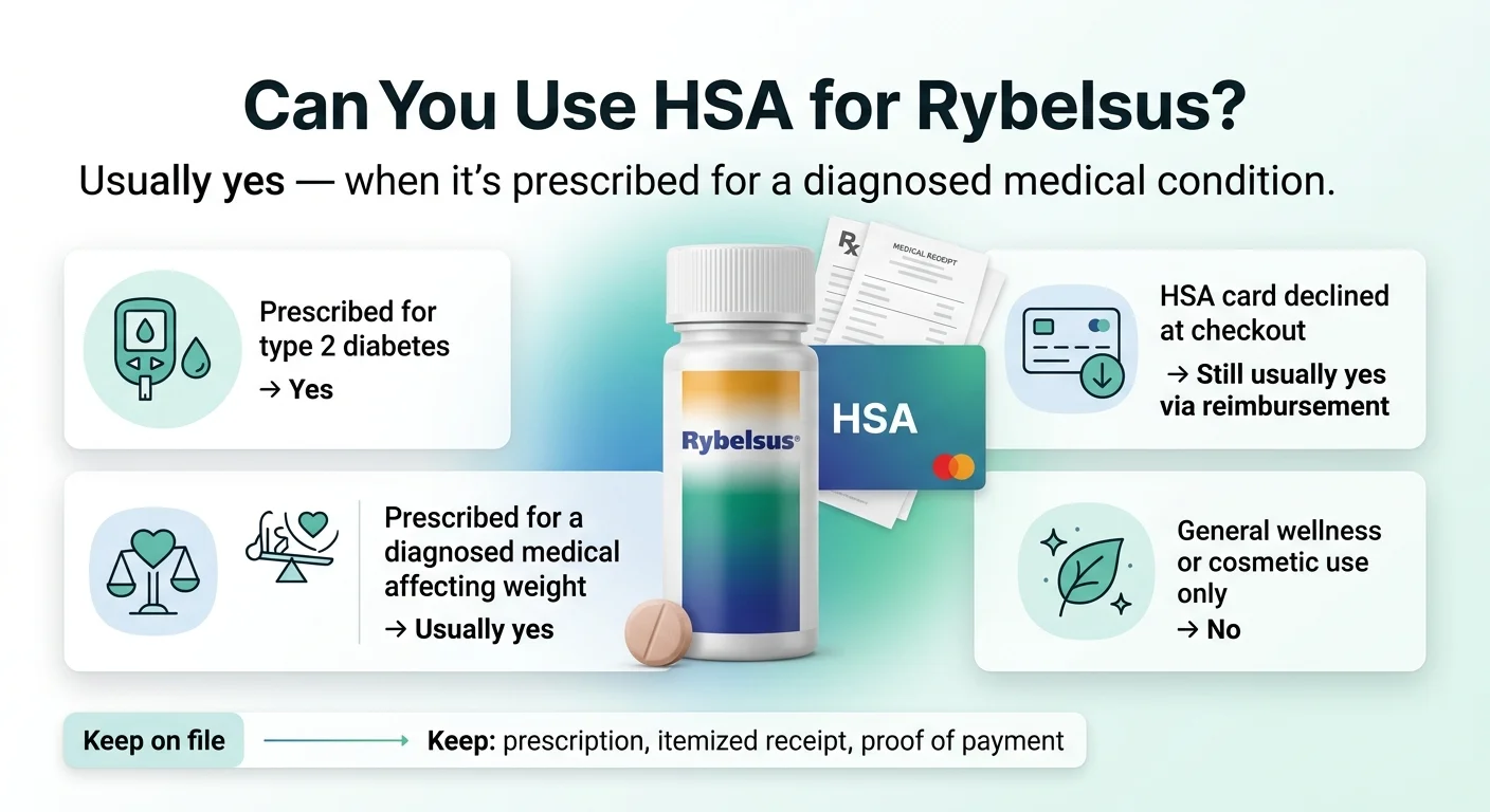 Can You Use HSA for Rybelsus? Infographic: prescribed for type 2 diabetes = Yes, prescribed for a diagnosed medical condition affecting weight = Usually Yes, HSA card declined at checkout = Still usually yes via reimbursement, general wellness or cosmetic use = No. Keep on file: prescription, itemized receipt, proof of payment.