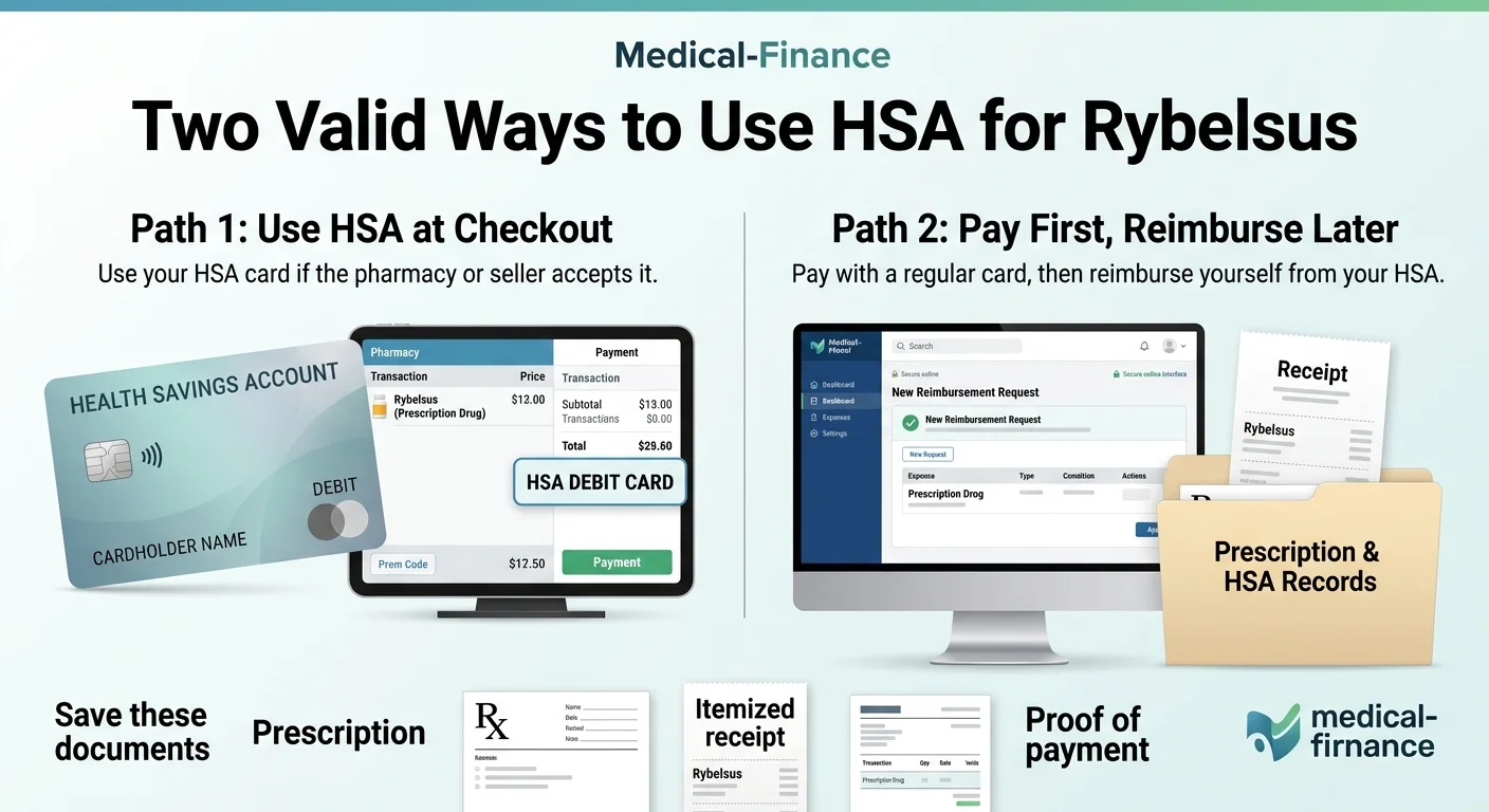Two valid ways to use HSA for Rybelsus: Path 1 — Use HSA debit card directly at pharmacy checkout. Path 2 — Pay with a regular card first, then submit receipt to HSA administrator portal for reimbursement. Documents to save: prescription, itemized receipt, proof of payment.
