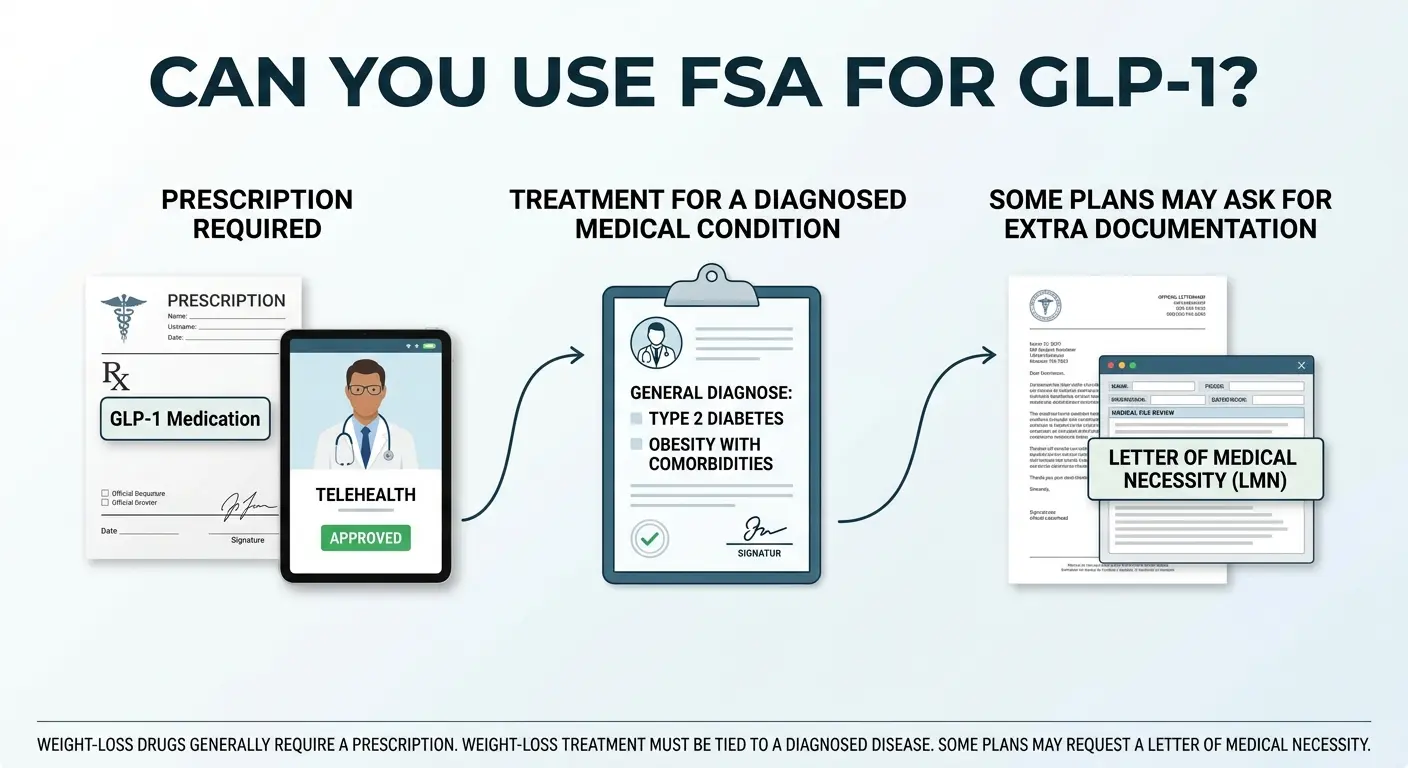 Can you use FSA for GLP-1? Three requirements shown: (1) Prescription Required — GLP-1 Medication prescribed via telehealth and approved. (2) Treatment for a Diagnosed Medical Condition — General Diagnose: Type 2 Diabetes or Obesity With Comorbidities, signed by provider. (3) Some Plans May Ask for Extra Documentation — Letter of Medical Necessity (LMN) may be required. Weight-loss drugs generally require a prescription. Weight-loss treatment must be tied to a diagnosed disease. Some plans may request a Letter of Medical Necessity.