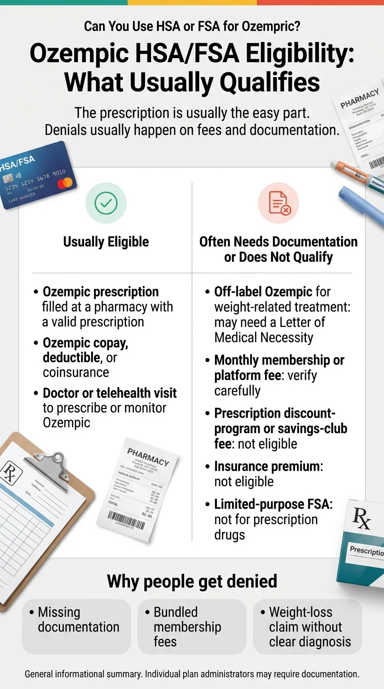 Ozempic HSA/FSA eligibility infographic showing what usually qualifies (Ozempic prescription, copay, telehealth visit) vs. what often needs documentation or doesn't qualify (off-label weight loss, membership fees, discount-program fees)
