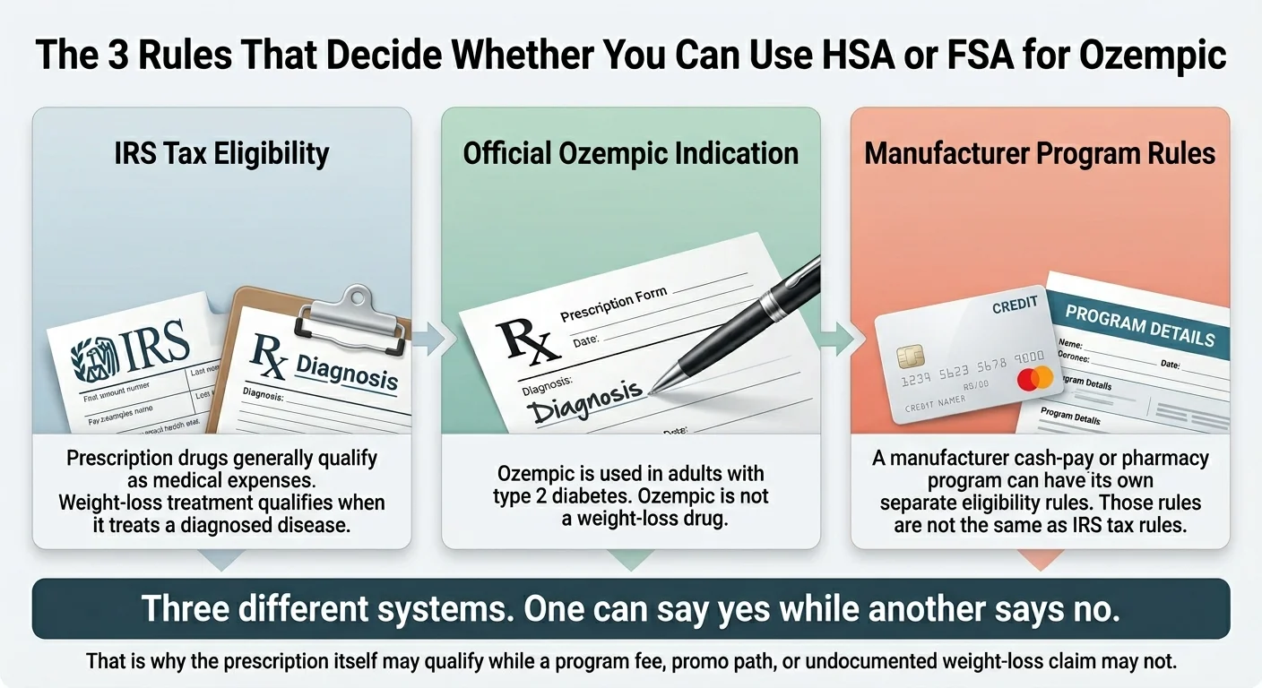 The 3 rules that decide whether you can use HSA or FSA for Ozempic: IRS tax eligibility, official Ozempic indication, and manufacturer program rules — three different systems where one can say yes while another says no