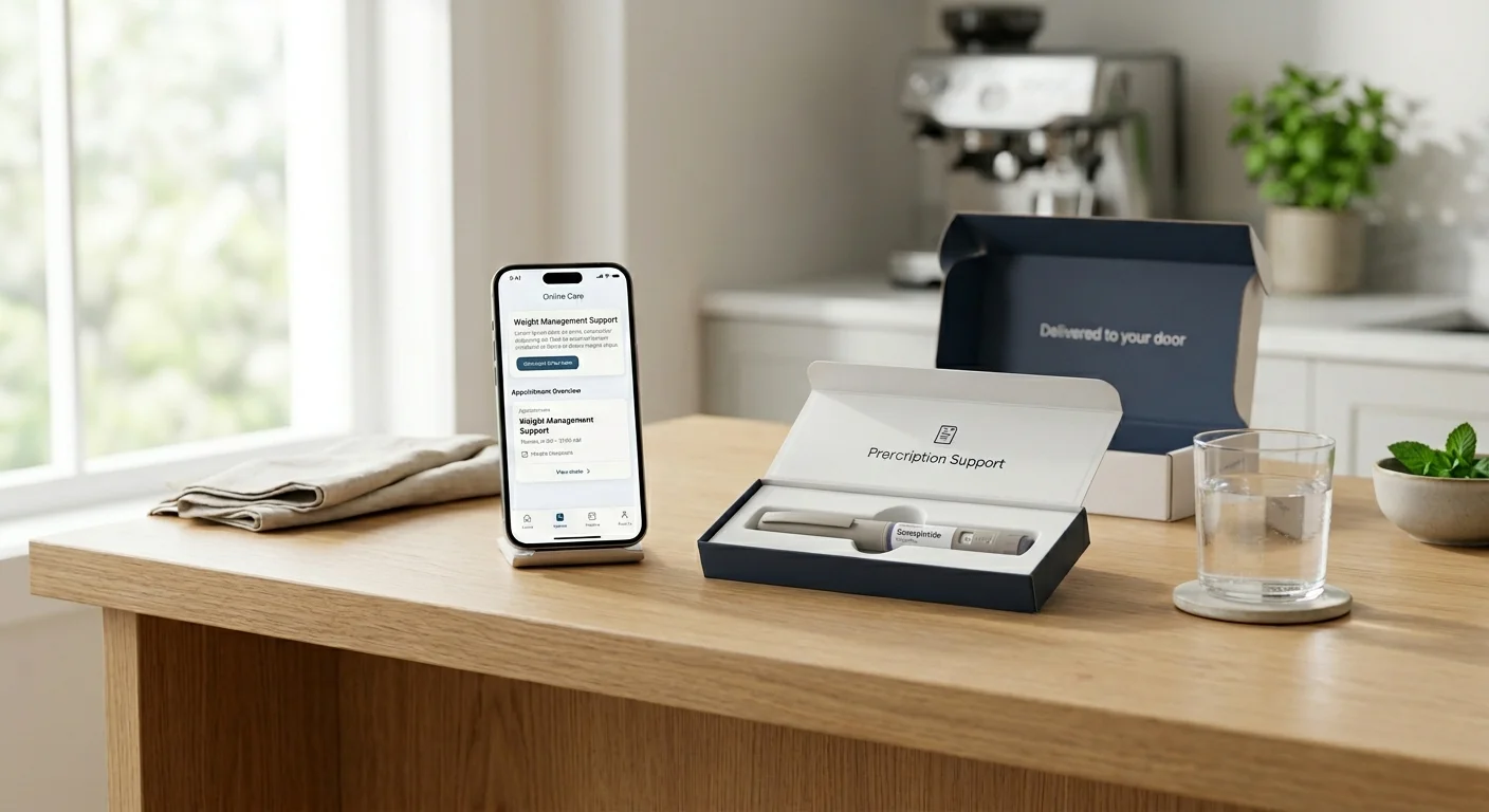 Semaglutide delivered to your door — online care app showing weight management support on phone next to prescription support box with semaglutide pen, delivery packaging in background. The entire process from online assessment to medication at your doorstep typically takes 5 to 10 days.