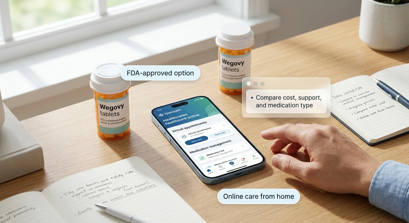Cheapest semaglutide online without insurance — Wegovy tablets shown as FDA-approved option alongside telehealth app on phone for virtual appointments and medication management; compare cost support and medication type, online care from home
