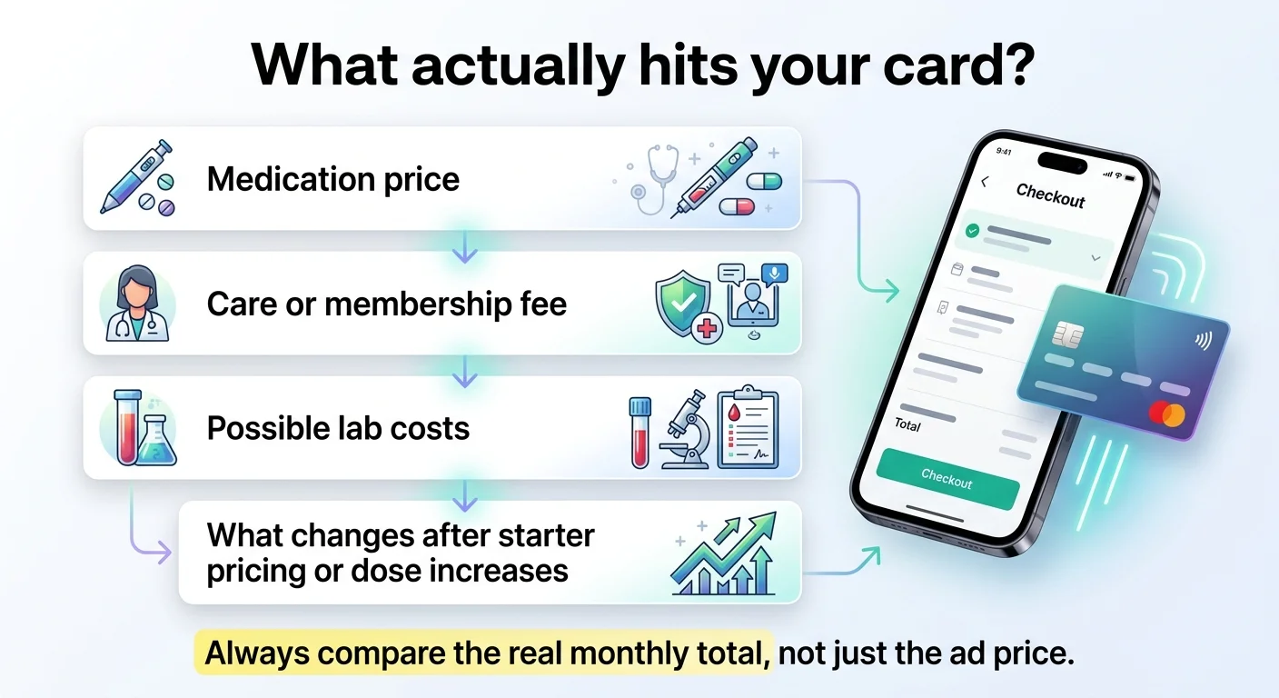 What actually hits your card for semaglutide costs: four components to compare — medication price, care or membership fee, possible lab costs, and what changes after starter pricing or dose increases. Always compare the real monthly total not just the ad price.