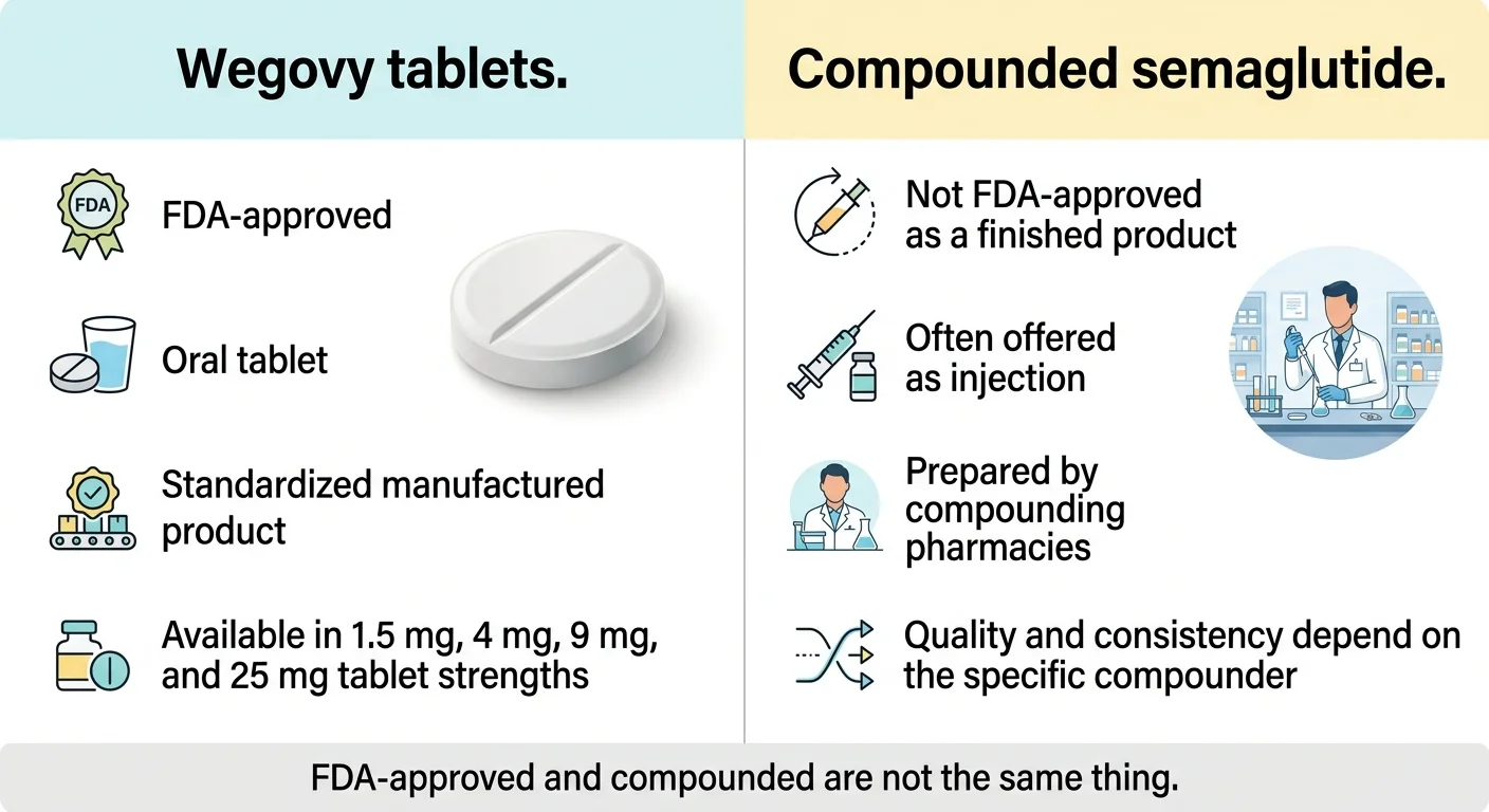 Wegovy tablets vs compounded semaglutide comparison: Wegovy tablets are FDA-approved oral tablet standardized manufactured product available in 1.5mg 4mg 9mg and 25mg tablet strengths. Compounded semaglutide is not FDA-approved as a finished product often offered as injection prepared by compounding pharmacies with quality and consistency depending on the specific compounder. FDA-approved and compounded are not the same thing.