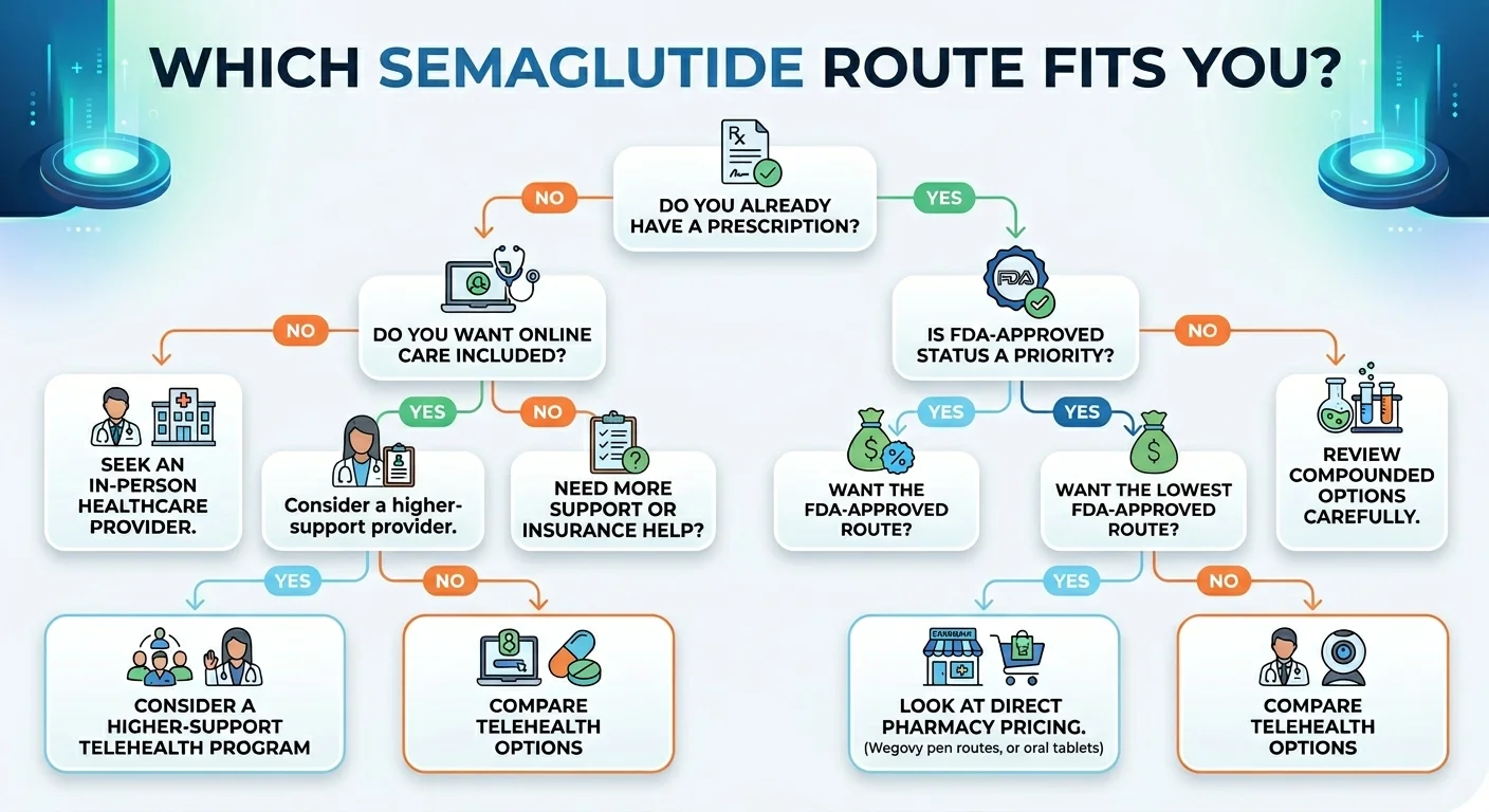 Which semaglutide route fits you — decision flowchart starting with Do you already have a prescription. Yes leads to Is FDA-approved status a priority with options for direct pharmacy pricing or reviewing compounded options carefully. No prescription leads to Do you want online care included and options for telehealth programs or in-person provider.