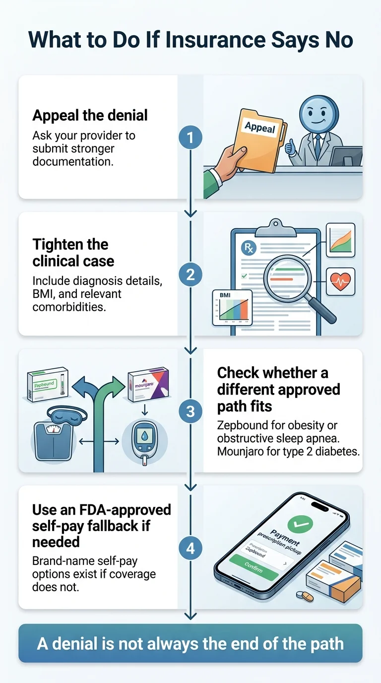 What to Do If Insurance Says No for tirzepatide — 4-step playbook. Step 1: Appeal the denial — ask your provider to submit stronger documentation. Step 2: Tighten the clinical case — include diagnosis details, BMI, and relevant comorbidities. Step 3: Check whether a different approved path fits — Zepbound for obesity or obstructive sleep apnea, Mounjaro for type 2 diabetes. Step 4: Use an FDA-approved self-pay fallback if needed — brand-name self-pay options exist if coverage does not. A denial is not always the end of the path.