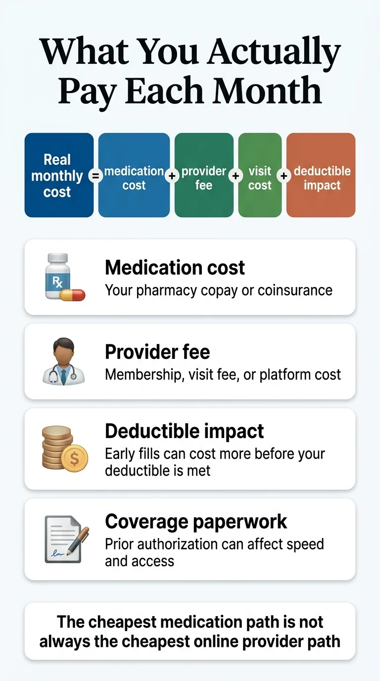 What You Actually Pay Each Month for tirzepatide with insurance — Real monthly cost equals medication cost plus provider fee plus visit cost plus deductible impact. Four components: Medication cost (your pharmacy copay or coinsurance), Provider fee (membership, visit fee, or platform cost), Deductible impact (early fills can cost more before your deductible is met), Coverage paperwork (prior authorization can affect speed and access). The cheapest medication path is not always the cheapest online provider path.