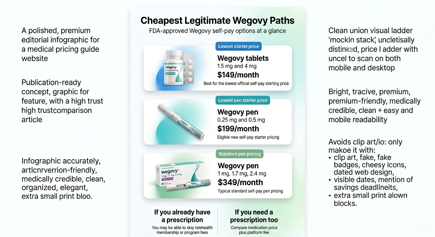 Cheapest Legitimate Wegovy Paths — FDA-approved Wegovy self-pay options at a glance. Three options shown: (1) Wegovy tablets 1.5 mg and 4 mg at $149/month — lowest starter price, best for the lowest official self-pay starting price. (2) Wegovy pen 0.25 mg and 0.5 mg at $199/month — lowest pen starter price, eligible new self-pay starter pricing. (3) Wegovy pen 1 mg, 1.7 mg, 2.4 mg at $349/month — standard pen pricing, typical standard self-pay pen pricing. Bottom section: If you already have a prescription, you may be able to skip telehealth membership or program fees. If you need a prescription too, compare medication price plus platform fee.