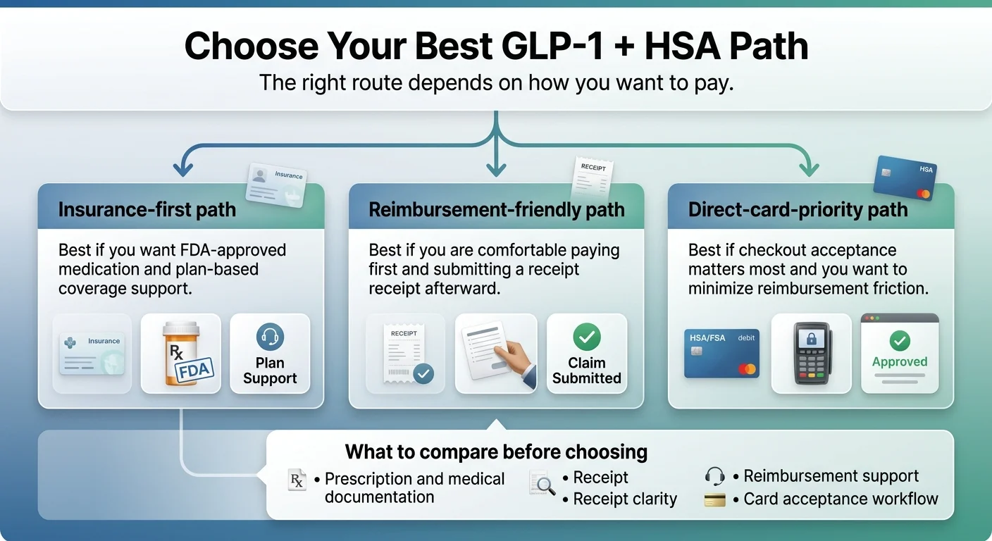 Choose your GLP-1 HSA path: insurance-first path (Ro), reimbursement-friendly path (pay then claim), and direct-card-priority path (MEDVi, SkinnyRX)