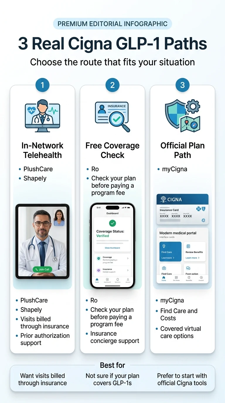 3 real Cigna GLP-1 paths: In-Network Telehealth (PlushCare, Shapely — visits billed through insurance, prior authorization support), Free Coverage Check (Ro — check before paying a program fee), Official Plan Path (myCigna — Find Care and Costs, covered virtual care options)