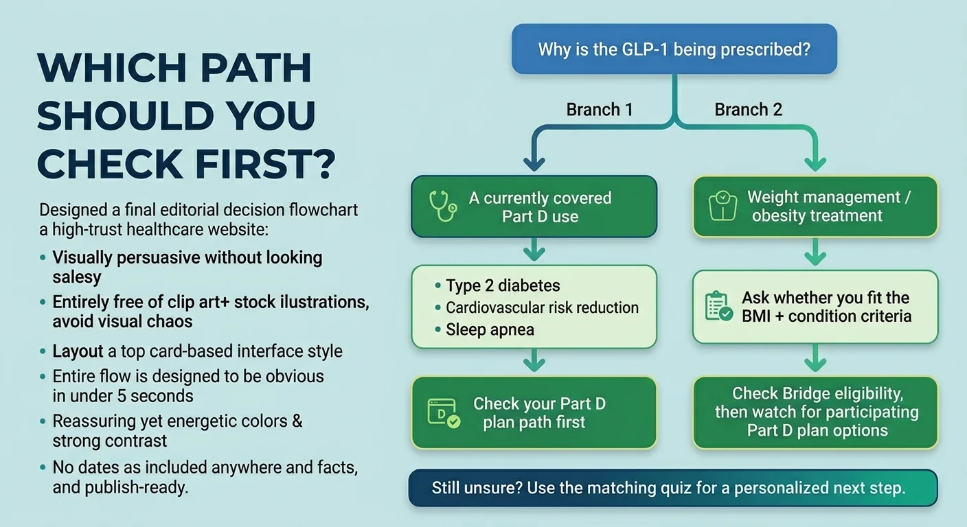 Which Path Should You Check First? Decision flowchart: Why is the GLP-1 being prescribed? Branch 1 — A currently covered Part D use (Type 2 diabetes, Cardiovascular risk reduction, Sleep apnea): check your Part D plan path first. Branch 2 — Weight management / obesity treatment: ask whether you fit the BMI and condition criteria, then check Bridge eligibility and watch for participating Part D plan options. Still unsure? Use the matching quiz for a personalized next step.