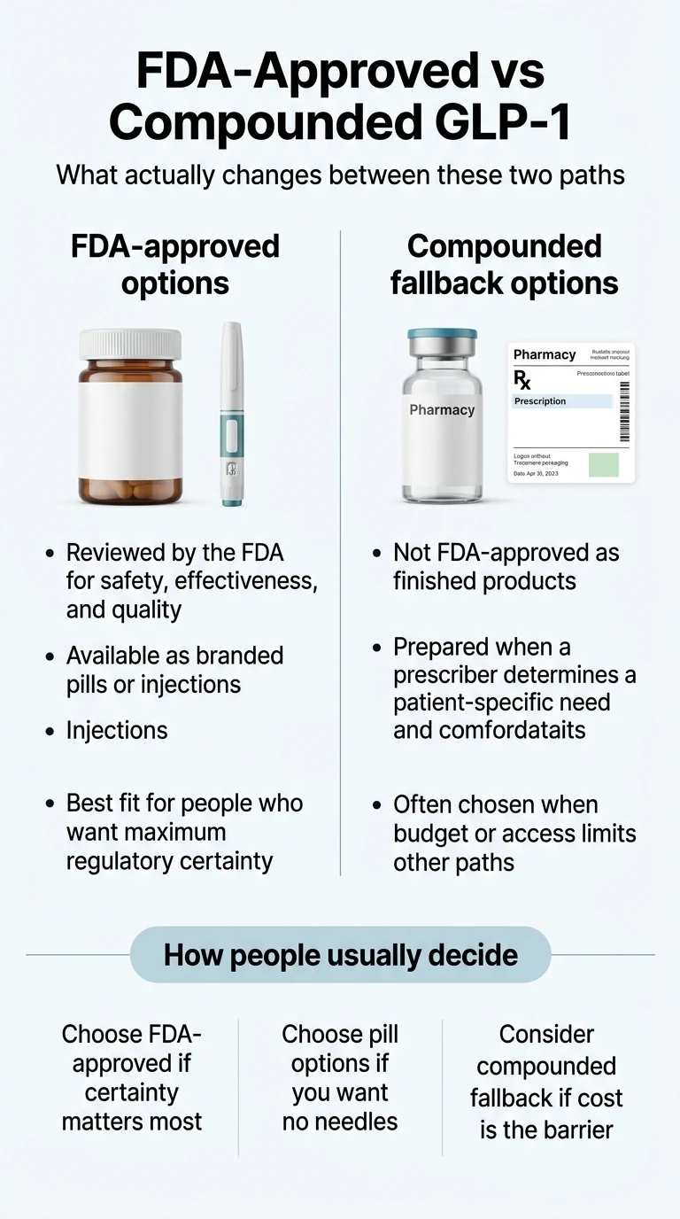FDA-approved vs compounded GLP-1 comparison: FDA-approved options are reviewed for safety, effectiveness, and quality; compounded options are not FDA-approved as finished products and are chosen when budget or access limits other paths