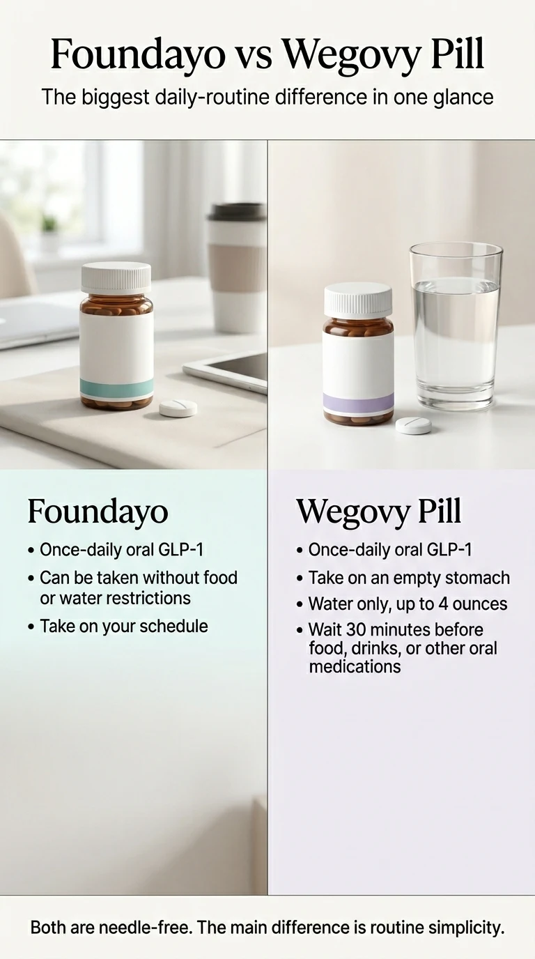 Foundayo vs Wegovy Pill comparison: Foundayo can be taken without food or water restrictions any time of day; Wegovy Pill requires empty stomach, water only up to 4 ounces, and 30-minute fast before food