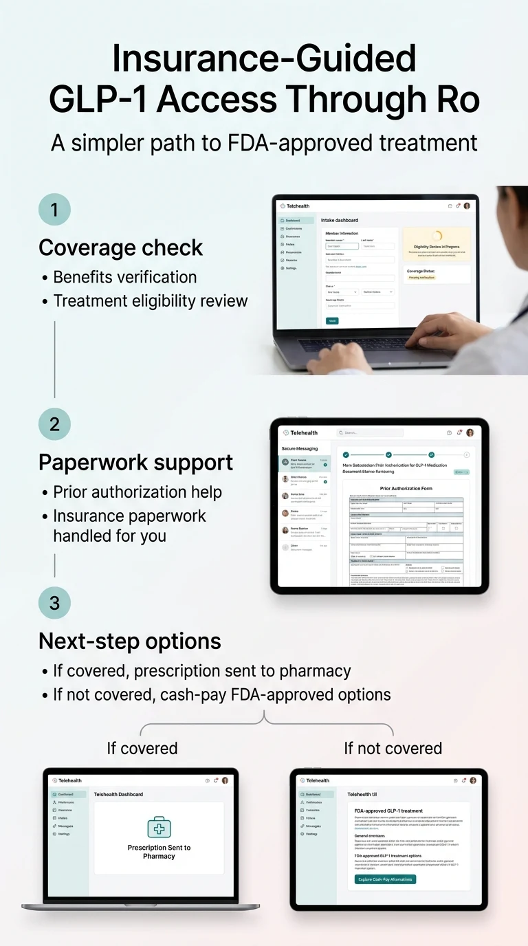 Insurance-guided GLP-1 access through Ro: step 1 coverage check, step 2 prior authorization paperwork handled for you, step 3 prescription sent to pharmacy if covered or cash-pay FDA-approved options if not