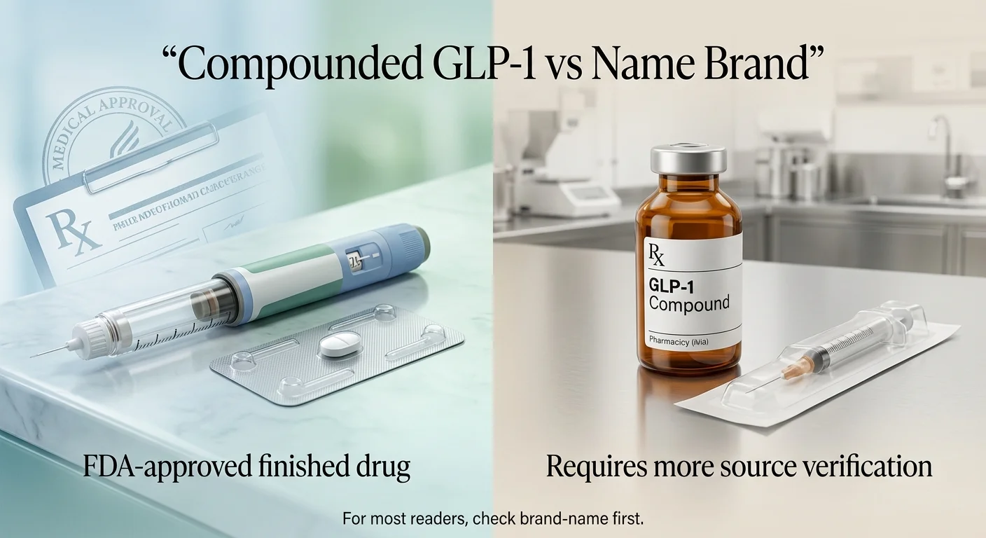 Compounded GLP-1 vs Name Brand comparison: on the left, an FDA-approved injection pen and pill tablet labeled 'FDA-approved finished drug'; on the right, a brown glass compounding vial labeled 'GLP-1 Compound' with a syringe labeled 'Requires more source verification'. Caption reads: For most readers, check brand-name first.