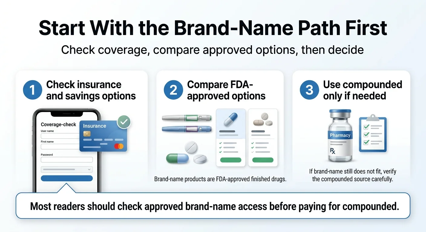 Start With the Brand-Name Path First: Check coverage, compare approved options, then decide. Step 1: Check insurance and savings options — coverage check on your insurance card. Step 2: Compare FDA-approved options — brand-name products are FDA-approved finished drugs. Step 3: Use compounded only if needed — if brand-name still does not fit, verify the compounded source carefully. Most readers should check approved brand-name access before paying for compounded.