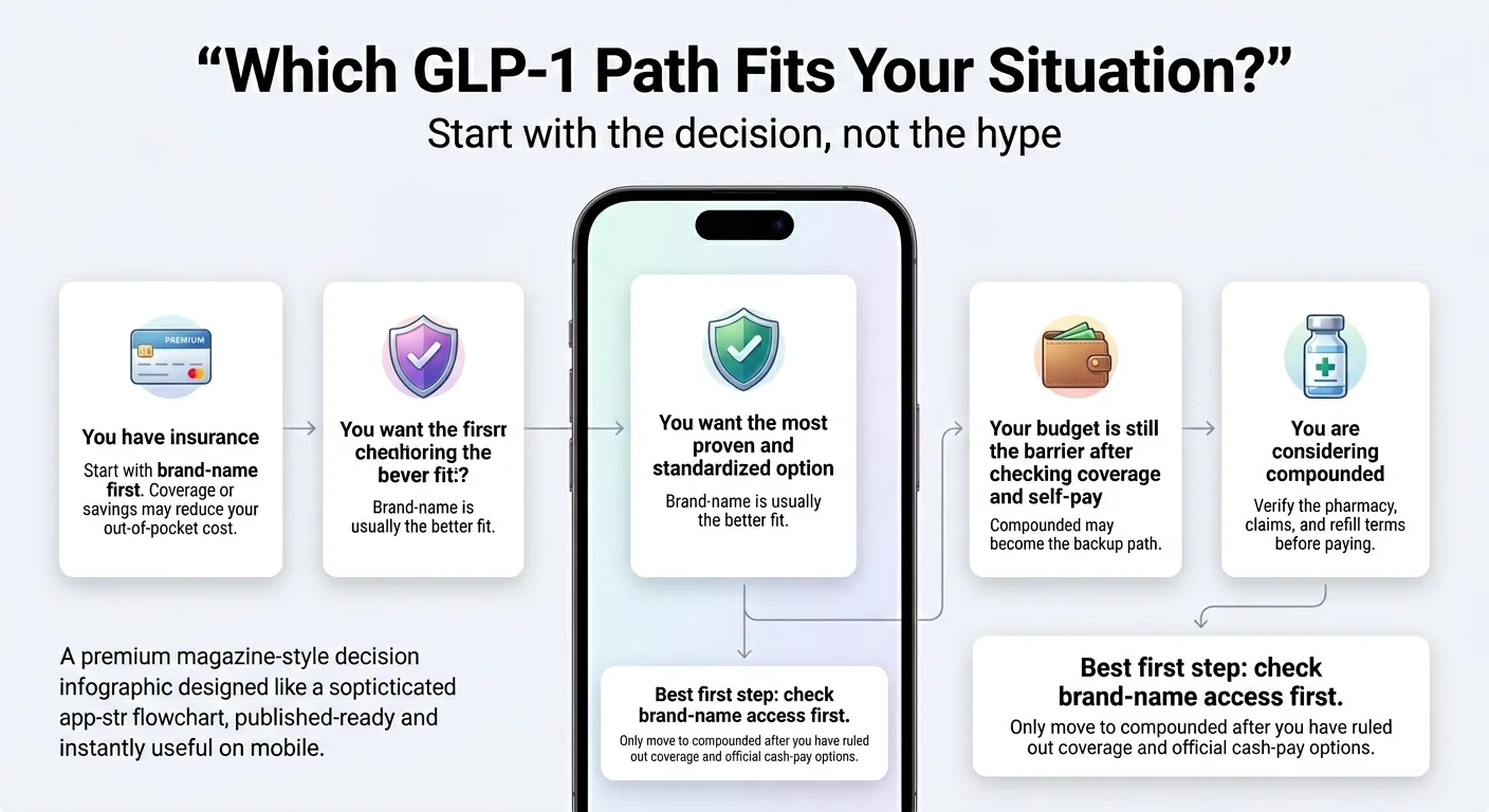 Decision flowchart: Which GLP-1 Path Fits Your Situation? Start with the decision, not the hype. If you have insurance → check brand-name first; coverage or savings may reduce your out-of-pocket cost. If you want the first choice overall → brand-name is usually the better fit. If your budget is still the barrier after checking coverage and self-pay → compounded may become the backup path. If you are considering compounded → verify the pharmacy, claims, and refill terms before paying. Best first step: check brand-name access first.