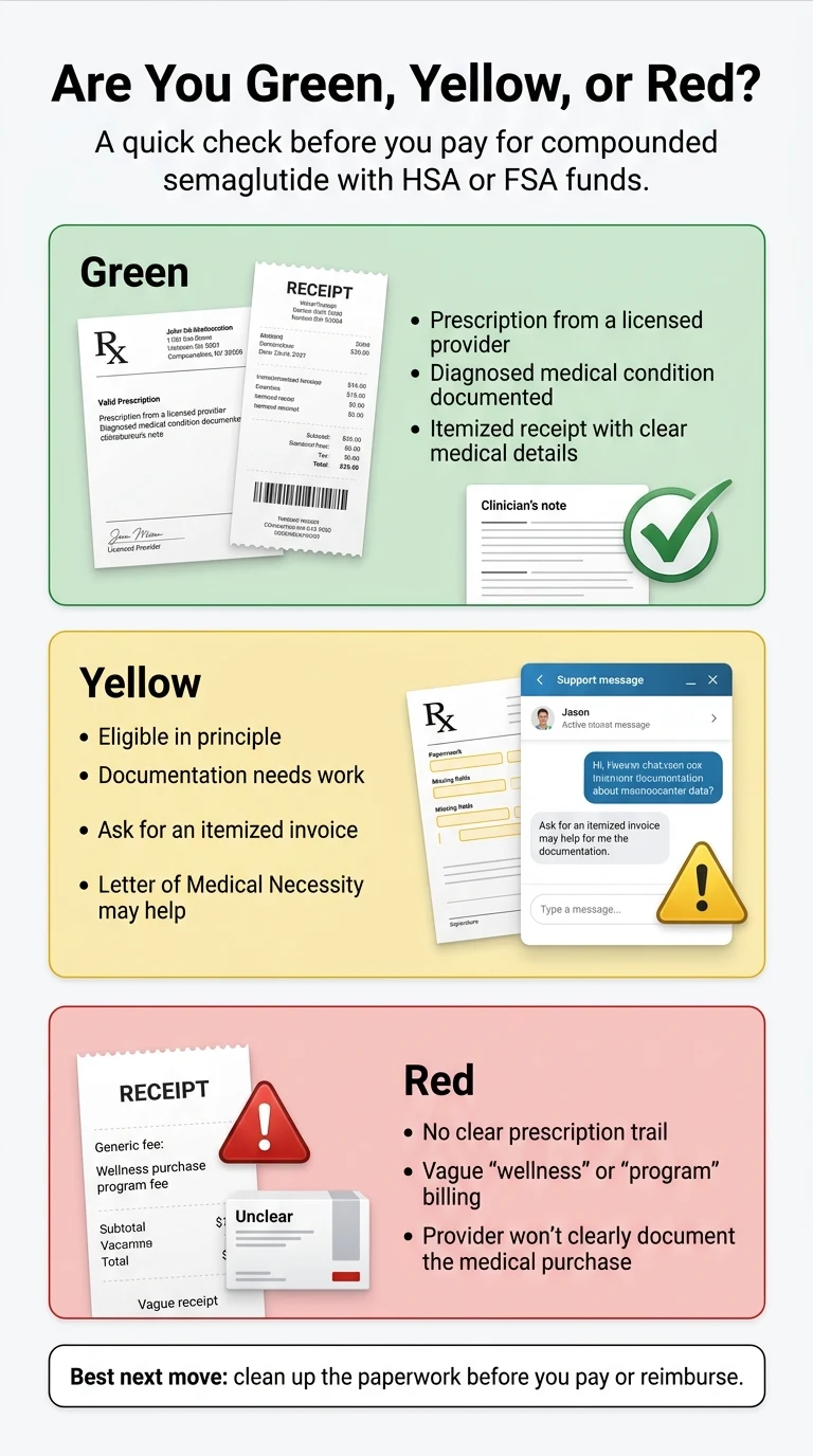 Are you green, yellow, or red? A quick check before paying for compounded semaglutide with HSA or FSA funds. Green: prescription from licensed provider, diagnosed condition documented, itemized receipt. Yellow: eligible in principle, documentation needs work, ask for itemized invoice. Red: no clear prescription trail, vague billing, provider won't document.