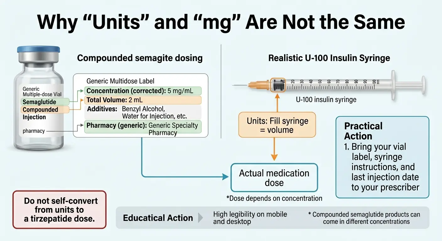Diagram explaining why units and mg are not the same for compounded semaglutide dosing. A generic multiple-dose vial with concentration 5 mg/mL and 2 mL total volume is shown alongside a U-100 insulin syringe. Units fill the syringe volume, which depends on concentration to calculate actual medication dose. Practical action: bring your vial label, syringe instructions, and last injection date to your prescriber. Do not self-convert from units to a tirzepatide dose.
