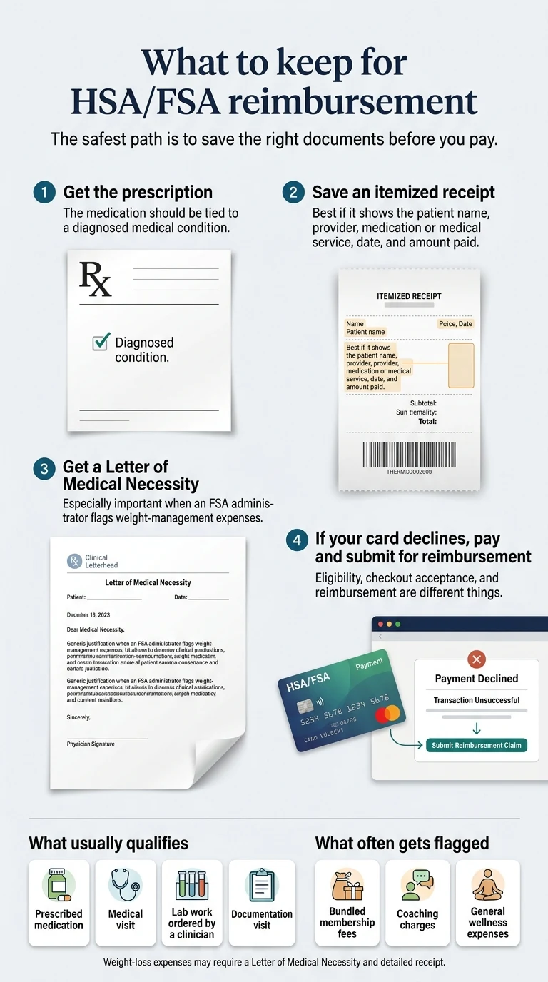 What to keep for HSA/FSA reimbursement: (1) get the prescription tied to a diagnosed condition, (2) save an itemized receipt with patient name, provider, medication, date, and amount paid, (3) get a Letter of Medical Necessity especially when FSA administrator flags weight-management expenses, (4) if card declines pay and submit for reimbursement. What usually qualifies: prescribed medication, medical visit, lab work, documentation visit. What often gets flagged: bundled membership fees, coaching charges, general wellness expenses.