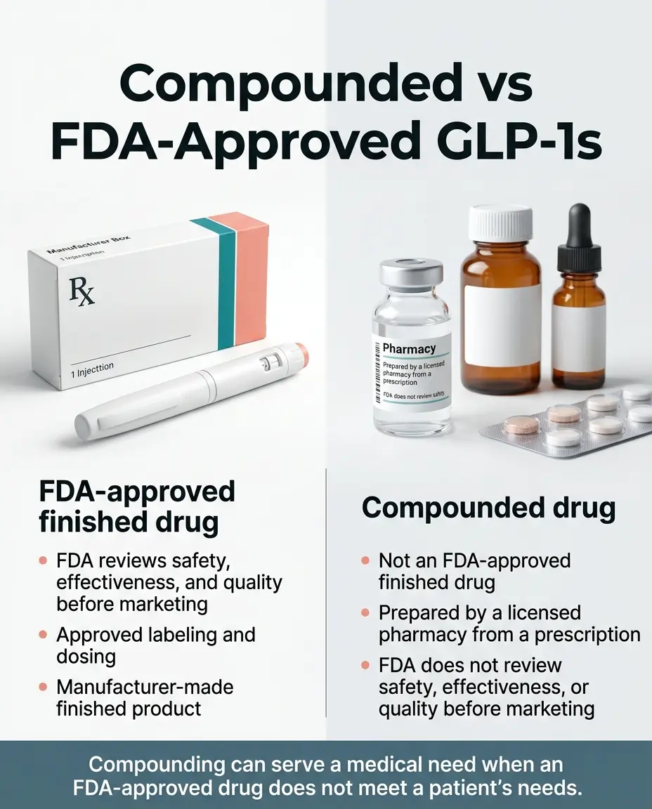 Compounded vs FDA-approved GLP-1 medications: FDA-approved finished drugs have FDA review for safety, effectiveness, and quality before marketing, with approved labeling and dosing and manufacturer-made finished products. Compounded drugs are not FDA-approved finished drugs, are prepared by a licensed pharmacy from a prescription, and the FDA does not review safety, effectiveness, or quality before marketing. Compounding can serve a medical need when an FDA-approved drug does not meet a patient's needs.