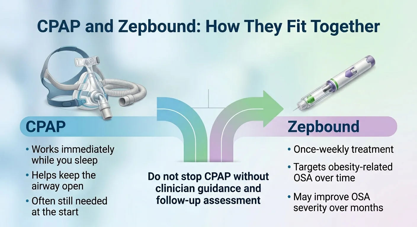 CPAP and Zepbound: how they fit together — CPAP works immediately while you sleep to keep the airway open, Zepbound targets obesity-related OSA over months with once-weekly treatment. Do not stop CPAP without clinician guidance.