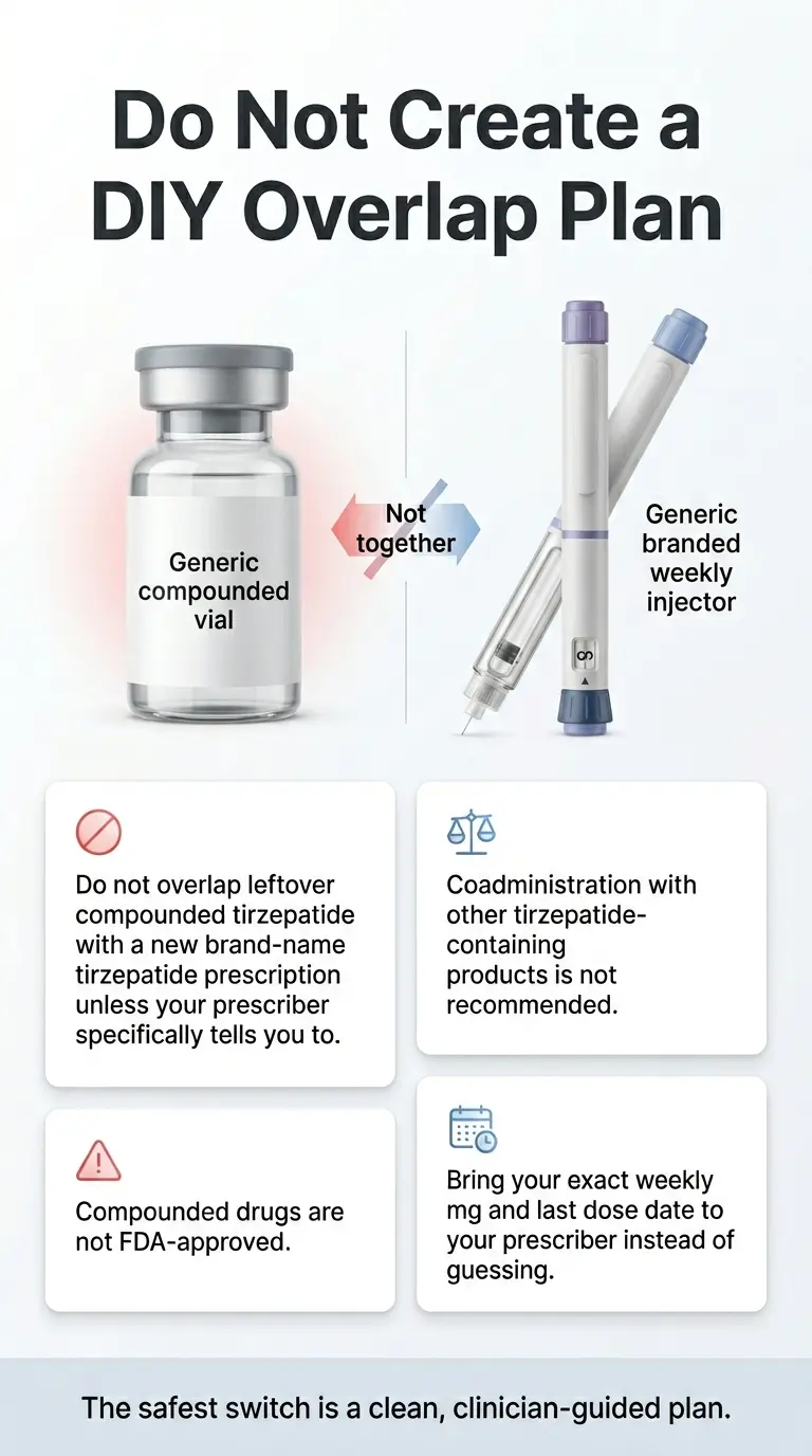 Do not create a DIY overlap plan — do not overlap leftover compounded tirzepatide with a new brand-name tirzepatide prescription unless your prescriber specifically tells you to. Coadministration with other tirzepatide-containing products is not recommended. Bring your exact weekly mg and last dose date to your prescriber instead of guessing.