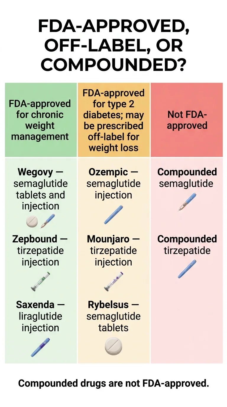 FDA-approved vs off-label vs compounded GLP-1 medications comparison chart showing Wegovy, Zepbound, and Saxenda as FDA-approved for weight loss; Ozempic, Mounjaro, and Rybelsus as FDA-approved for diabetes; and compounded semaglutide and tirzepatide as not FDA-approved