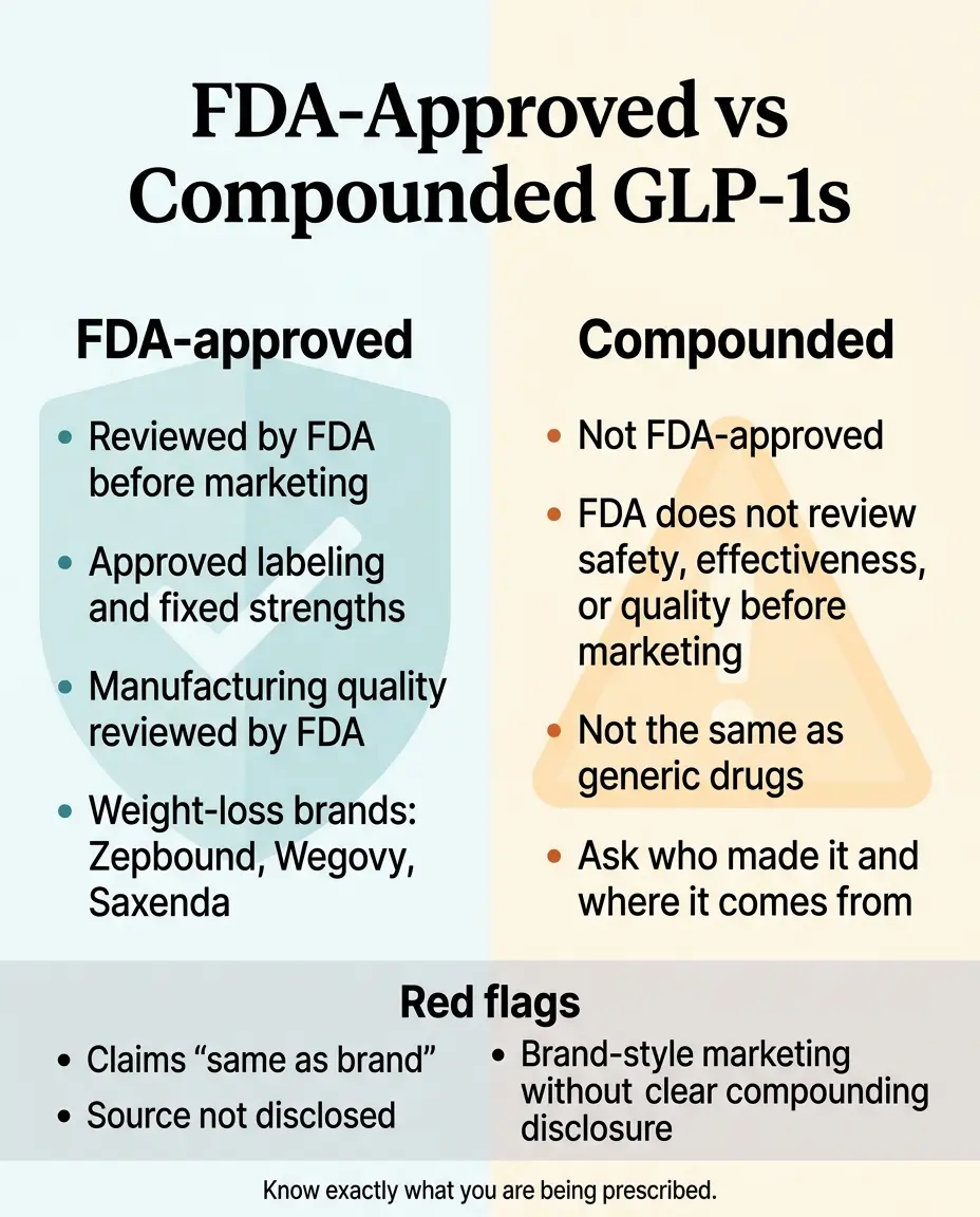 FDA-approved vs compounded GLP-1 comparison — FDA-approved products reviewed for safety, effectiveness, and quality; compounded products not FDA-reviewed; red flags include claims of equivalence and undisclosed sources