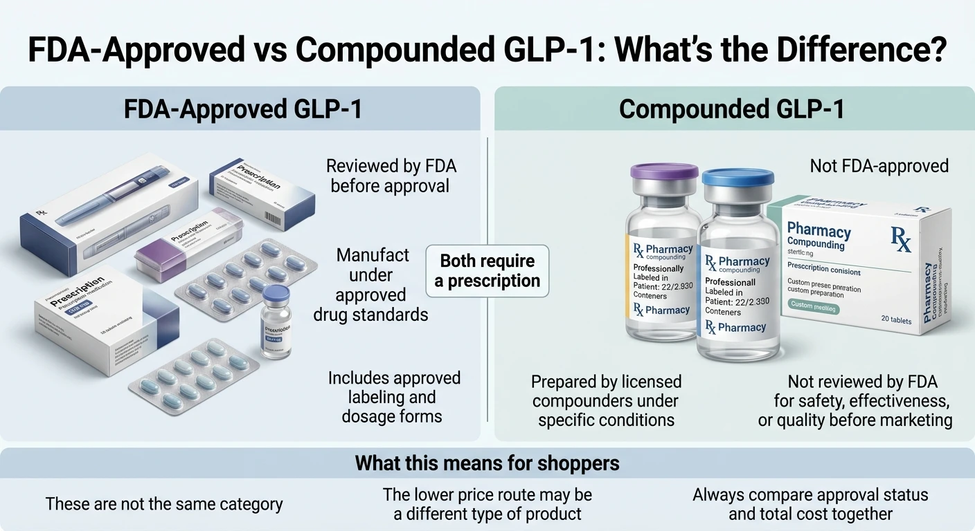 FDA-approved vs compounded GLP-1: FDA-approved medications reviewed before approval, manufactured under approved drug standards. Compounded medications prepared by licensed pharmacies, not reviewed by FDA for safety, effectiveness, or quality before marketing. Both require a prescription.