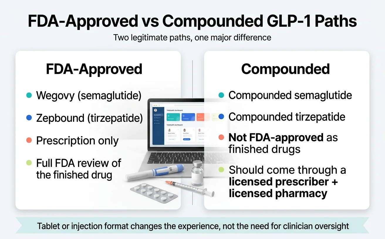 Infographic comparing FDA-approved GLP-1 medications like Wegovy and Zepbound against compounded semaglutide and tirzepatide, showing key differences in regulation, prescribing, and pharmacy sourcing