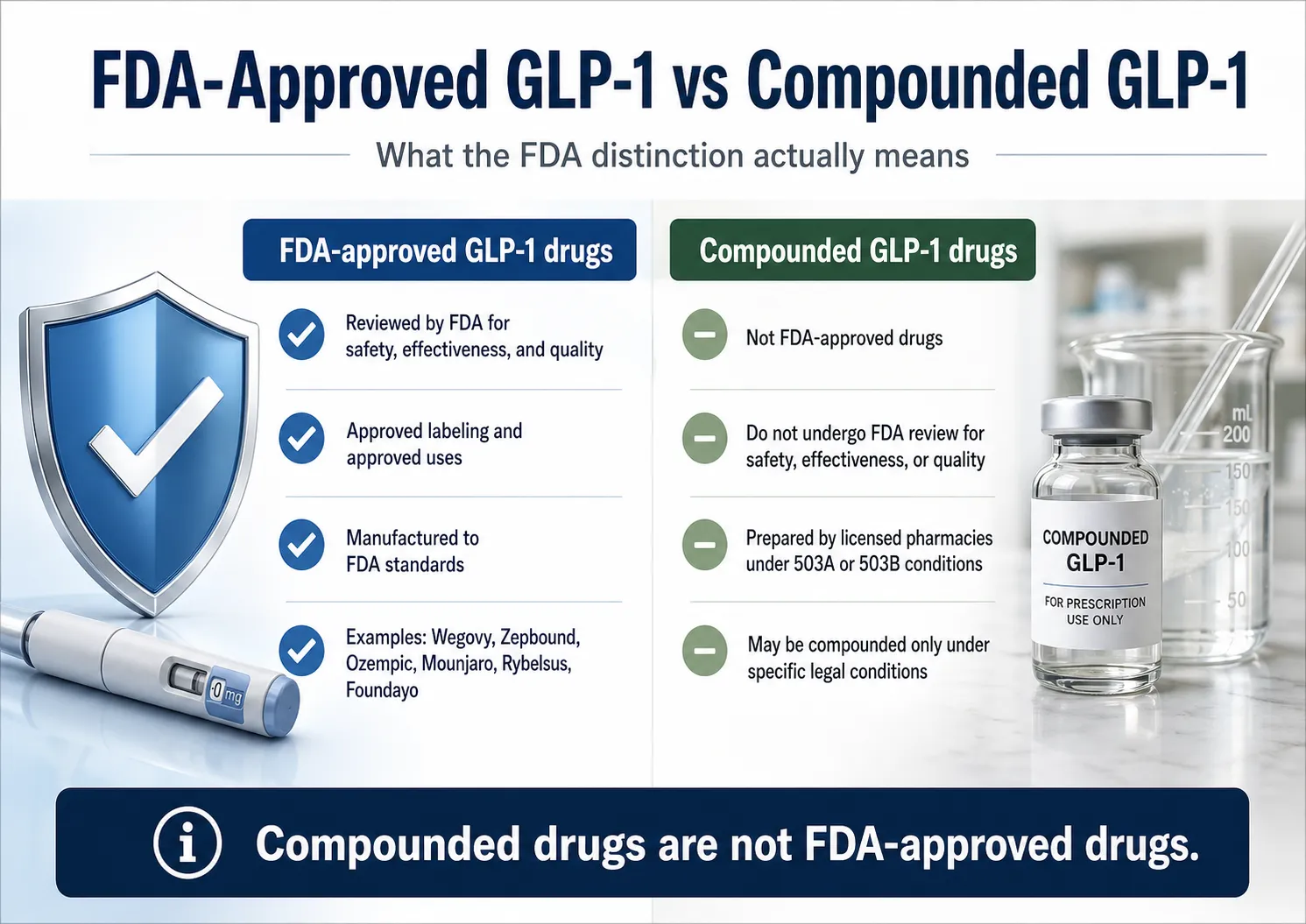 FDA-approved GLP-1 vs Compounded GLP-1 — comparison showing FDA-approved drugs are reviewed for safety, effectiveness, and quality with approved labeling and manufactured to FDA standards (examples: Wegovy, Zepbound, Ozempic, Mounjaro, Foundayo), while compounded drugs are not FDA-approved, do not undergo FDA review, are prepared by licensed pharmacies under 503A or 503B conditions, and may be compounded only under specific legal conditions. Bottom line: compounded drugs are not FDA-approved drugs.