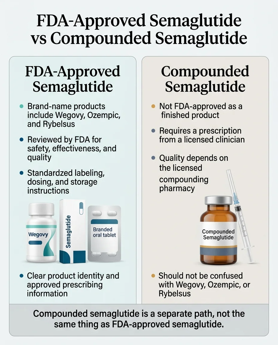 FDA-approved semaglutide (Wegovy, Ozempic, Rybelsus) vs compounded semaglutide — key differences: FDA-approved has standardized dosing and quality review; compounded is not FDA-approved as a finished product