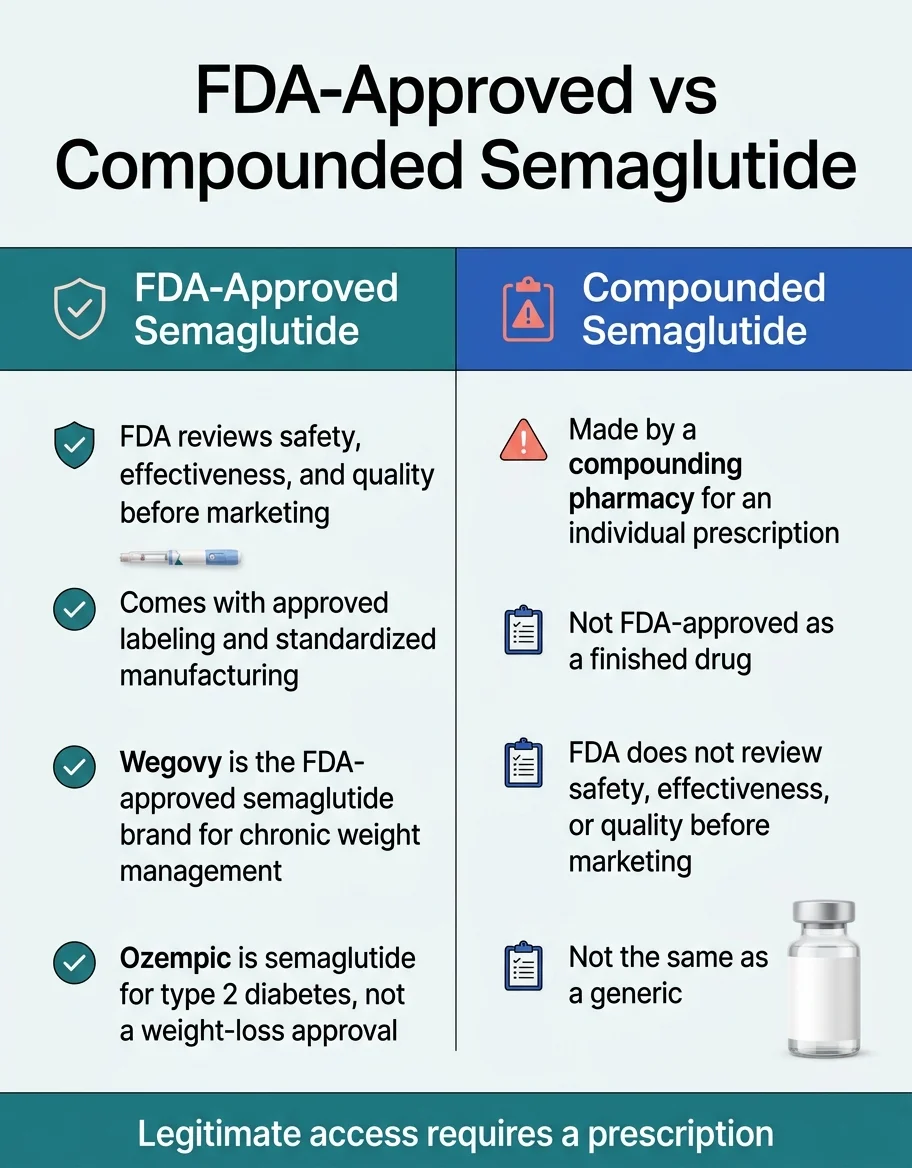 FDA-approved vs compounded semaglutide comparison chart — FDA-approved semaglutide is reviewed for safety, effectiveness, and quality before marketing with approved labeling and standardized manufacturing, while compounded semaglutide is made by a compounding pharmacy for individual prescriptions and is not FDA-approved as a finished drug