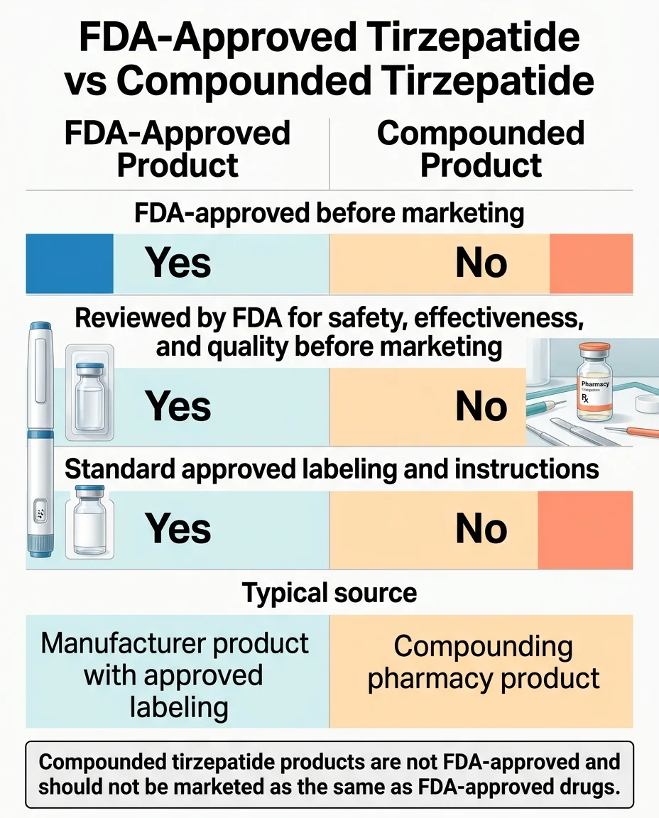 FDA-approved tirzepatide vs compounded tirzepatide comparison chart — showing differences in FDA approval, safety review, labeling, and typical source between manufacturer products and compounding pharmacy products