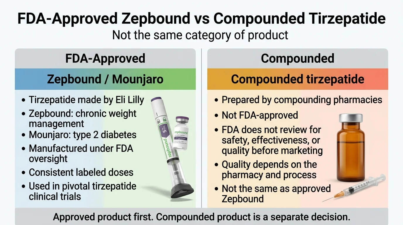 FDA-approved Zepbound vs compounded tirzepatide comparison — FDA-approved is manufactured by Eli Lilly under strict oversight with consistent labeled doses, while compounded is prepared by compounding pharmacies, not FDA-approved, and quality depends on the pharmacy
