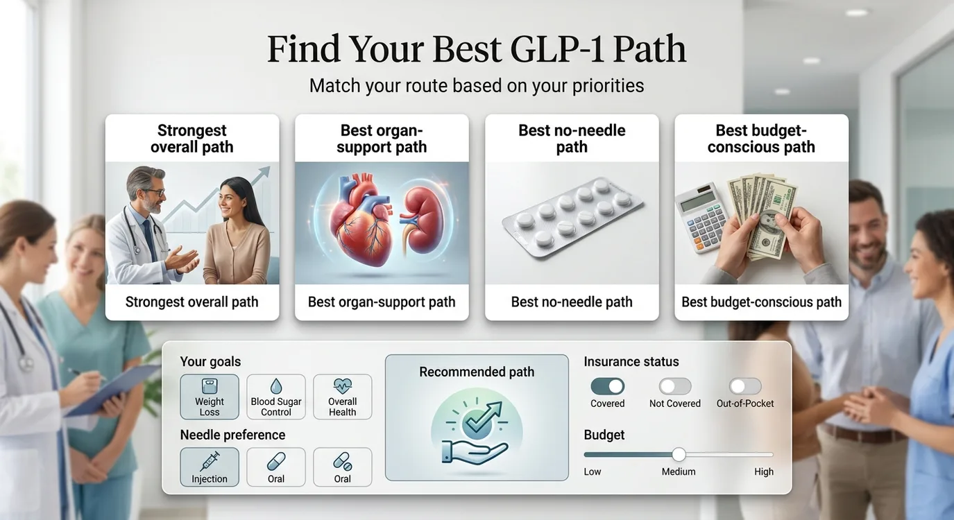 Find your best GLP-1 path: match your route based on your priorities. Four paths shown: strongest overall path (tirzepatide), best organ-support path (semaglutide for cardiovascular, kidney, liver), best no-needle path (oral GLP-1 options), best budget-conscious path. Factors include your goals (weight loss, blood sugar control, overall health), needle preference, insurance status (covered/not covered/out-of-pocket), and budget (low/medium/high).